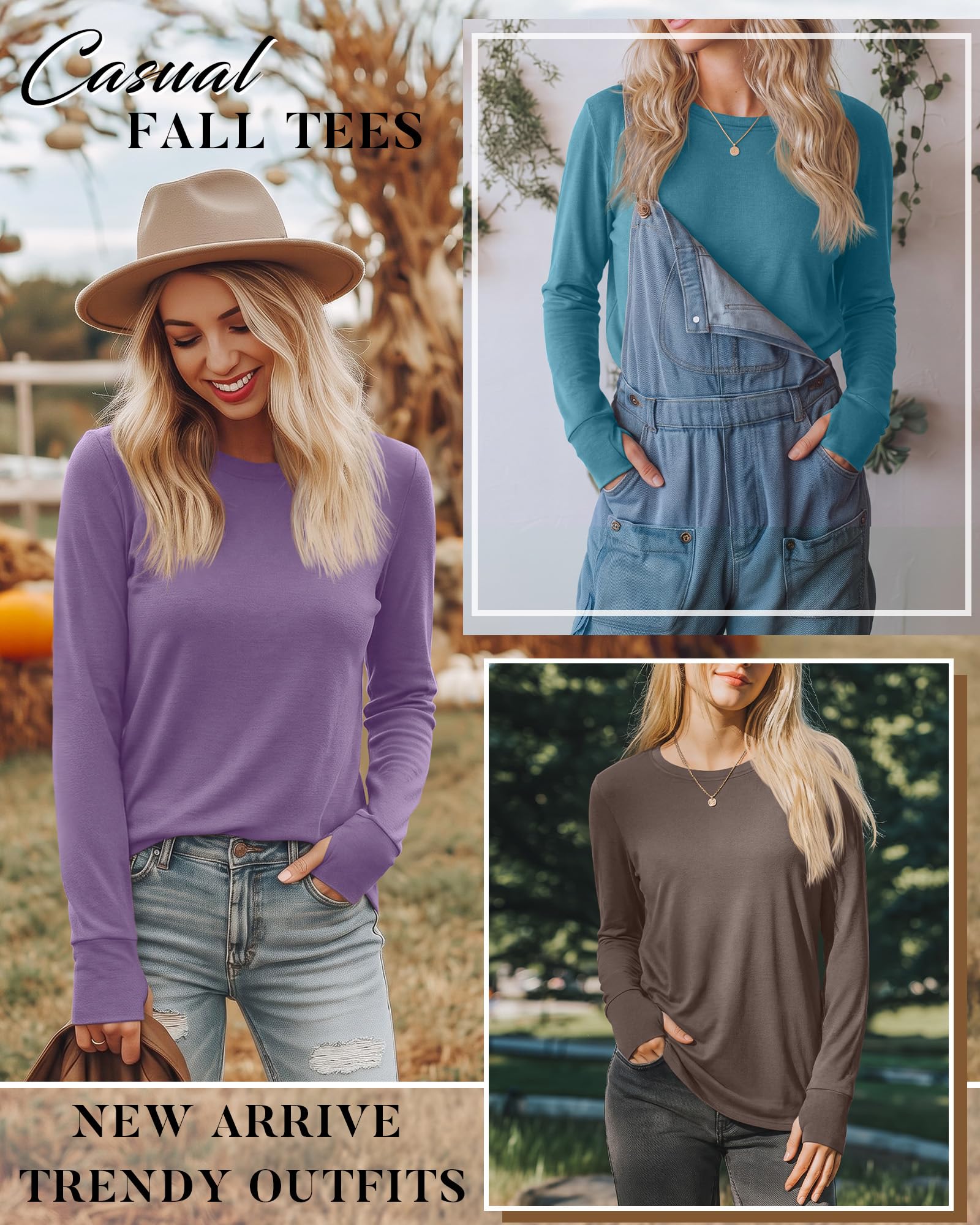 Neer Lot de 4 chemises à manches longues avec trous pour les pouces, col rond, hauts amples en coton mélangé, t-shirts d'automne décontractés Y2k