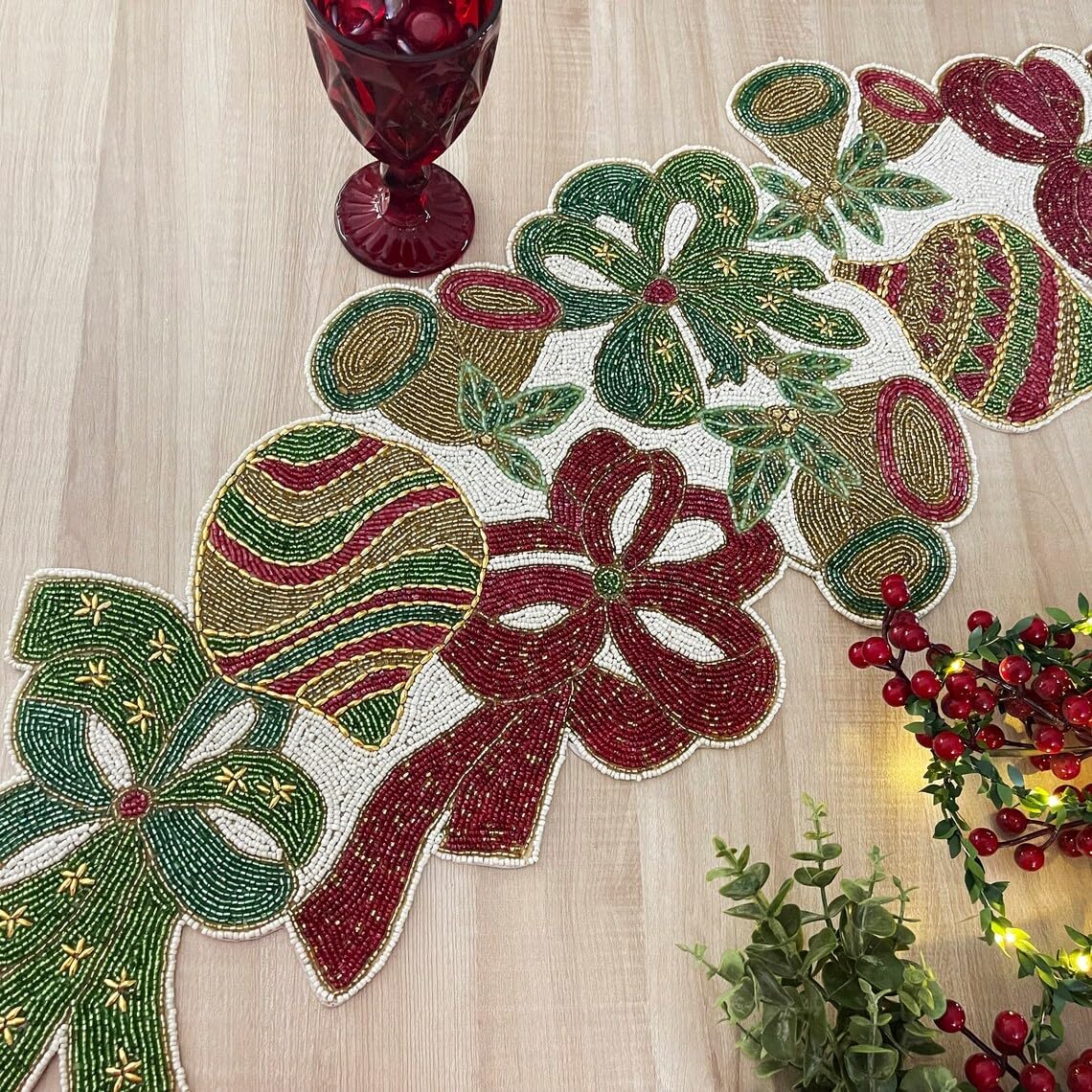 Enliven Handmade Christmas Table Runner - Beaded Multi-Color Design, 13x36 Inches, Festive Holiday Decor