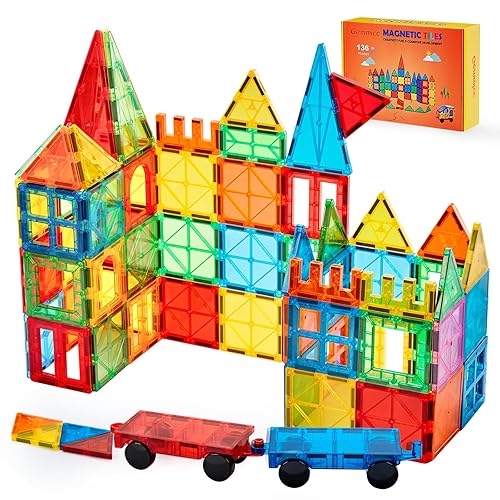 Gemmicc Magnetic Tiles, Deluxe 136 PCS Building Blocks Magnet Toys for Kids,3D Magnet Puzzles Stacking Blocks for Boys Girls,Huge Set with 2 Cars