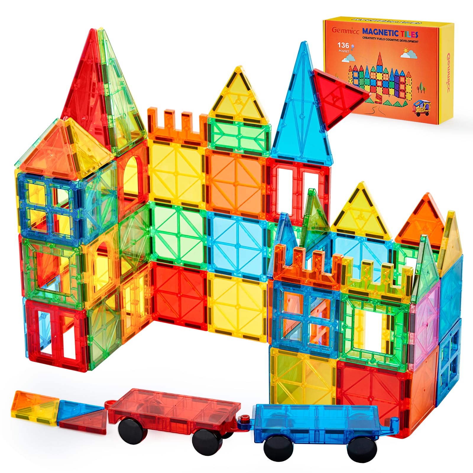 Gemmicc 136 PCS Magnetic Tiles, Deluxe Building Blocks Magnet Toys Set for Kids,3D Magnet Puzzles Stacking Blocks for Boys Girls,Huge Set with 2 Cars