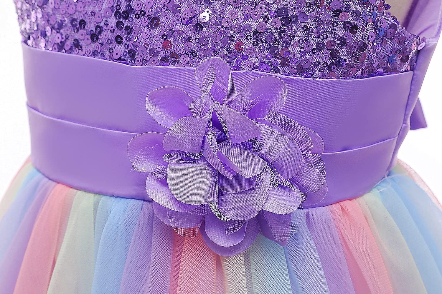 Super Fairy Flower Girls Sequin Mesh Tulle Rainbow Party Dress Princess Lace Ball Gown - Image 4