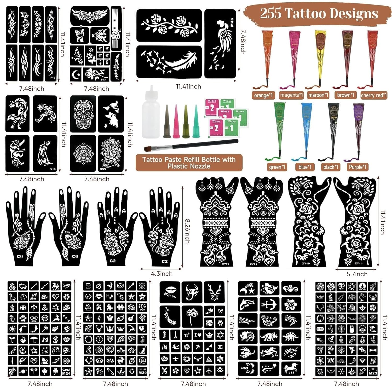 255 Pcs Temporary Tattoo Kit with 9 Colors Tattoo Cones, Large 18 Sheets Temporary Tattoo Stencil, Designed Tattoos Pattern for Kids Adults,Body Art DIY Skin Painting Gifts Set for Party Festival