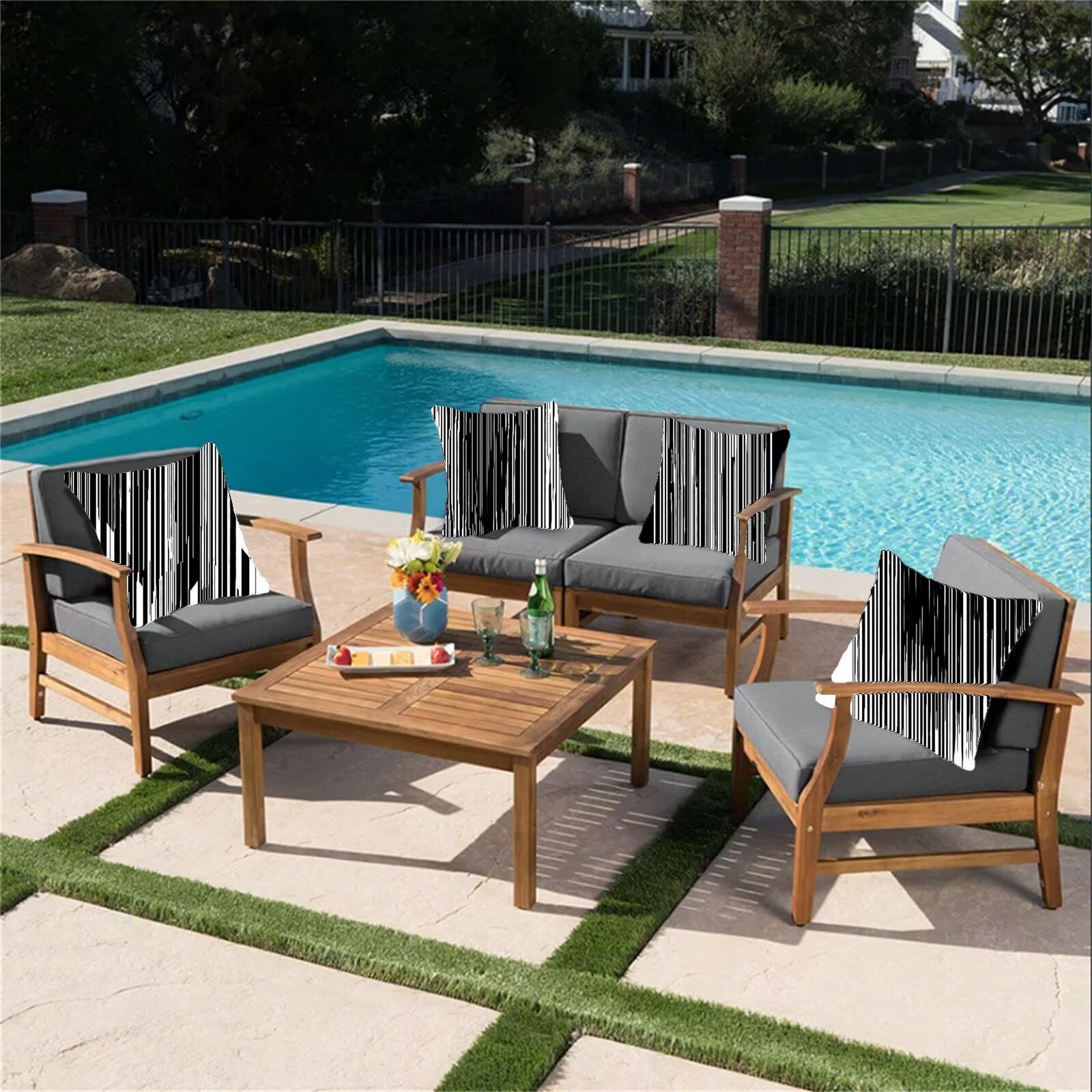 Kissenbezug 55x55 4er Set, Outdoor Kissen Schwarz Sofakissen, Wasserdicht Kissenbezüge Streifen Dekokissen mit Unsichtbarem Reißverschluss, Zierkissenbezüge für Schlafzimmer Sofa Stuhl Bett G1-594