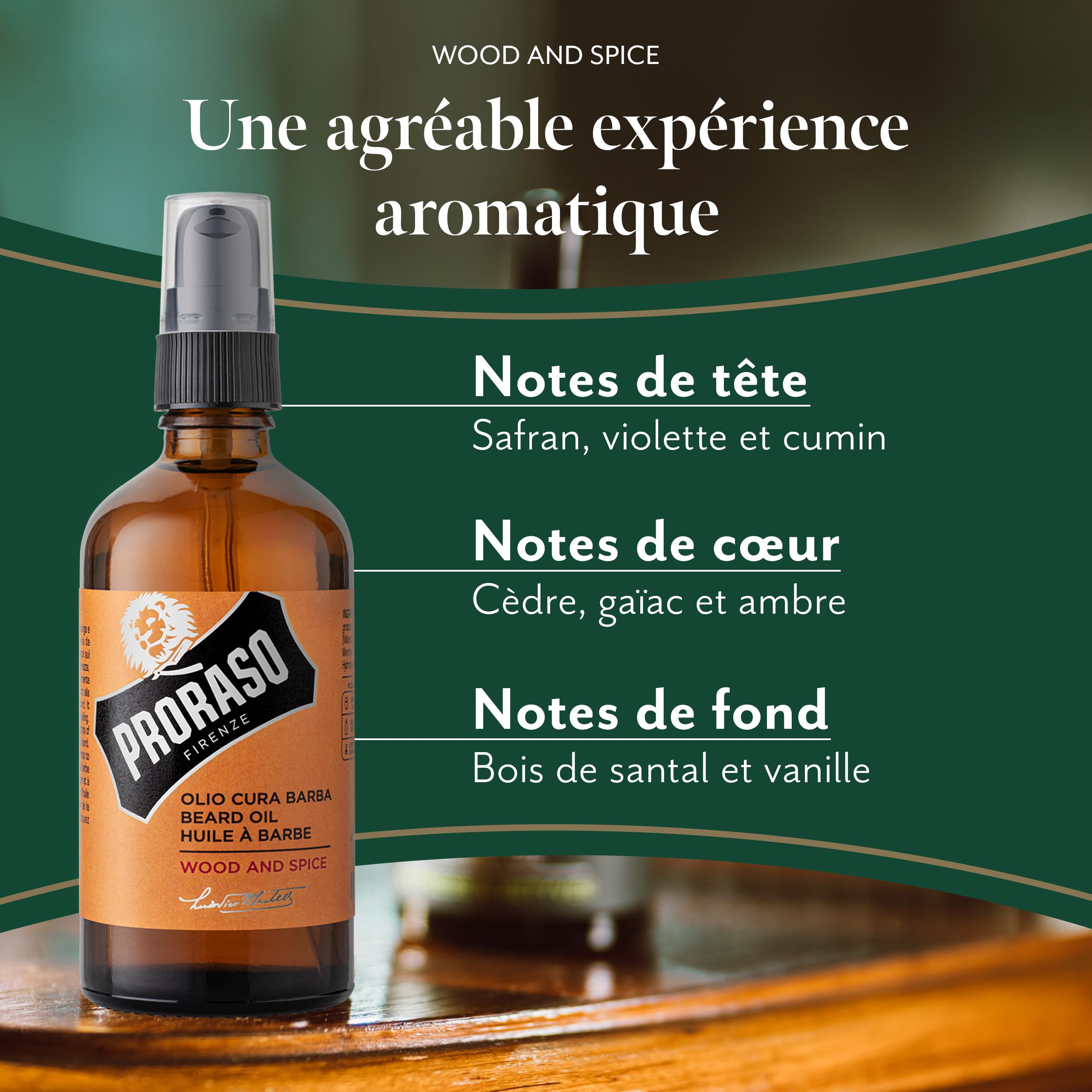 Proraso | Huile à barbe Wood & Spice (flacon-pompe de 100 ml) – Huile pour barbe adoucissante et protectrice pour barbes longues et hirsutes – Fabriquée en Italie