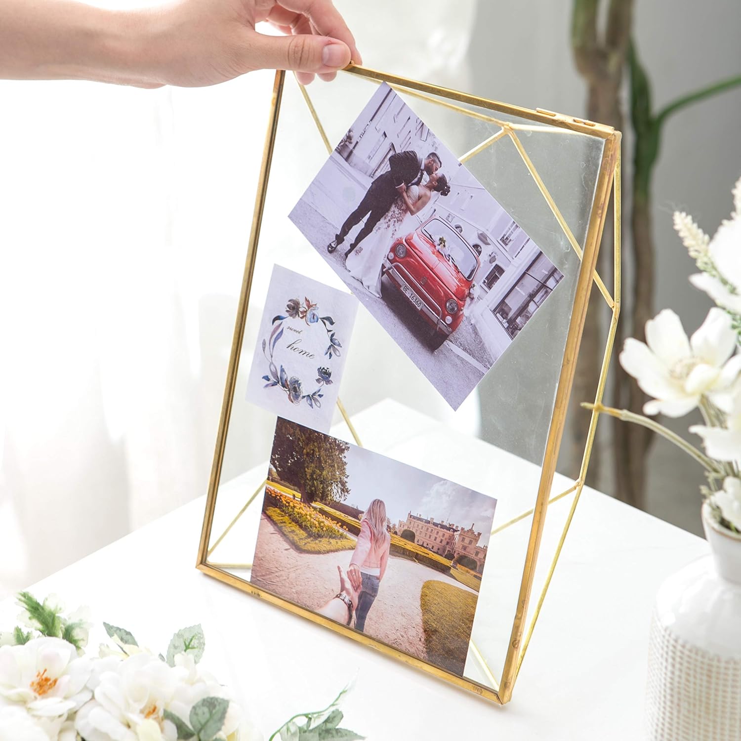 Large Size Glass Geometry Picture Frame – Family Photo Display for Desk or Wall, Nordic Geometry Home Decor Double Glass & Brass Metal, Stereoscopic Photo Frames, 8.25 x 11.75 inch