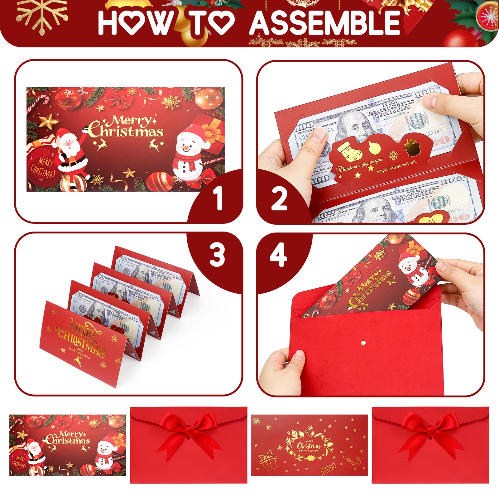 2pcs Weihnachtsgeldhalter für Bargeld, Faltbare 6 Steckplätze Diy Weihnachts-Geld-Oder Geschenkkartenhalter, Weihnachtsüberraschung Christmas Cash Gift Envelope für Eltern Familie Freunde