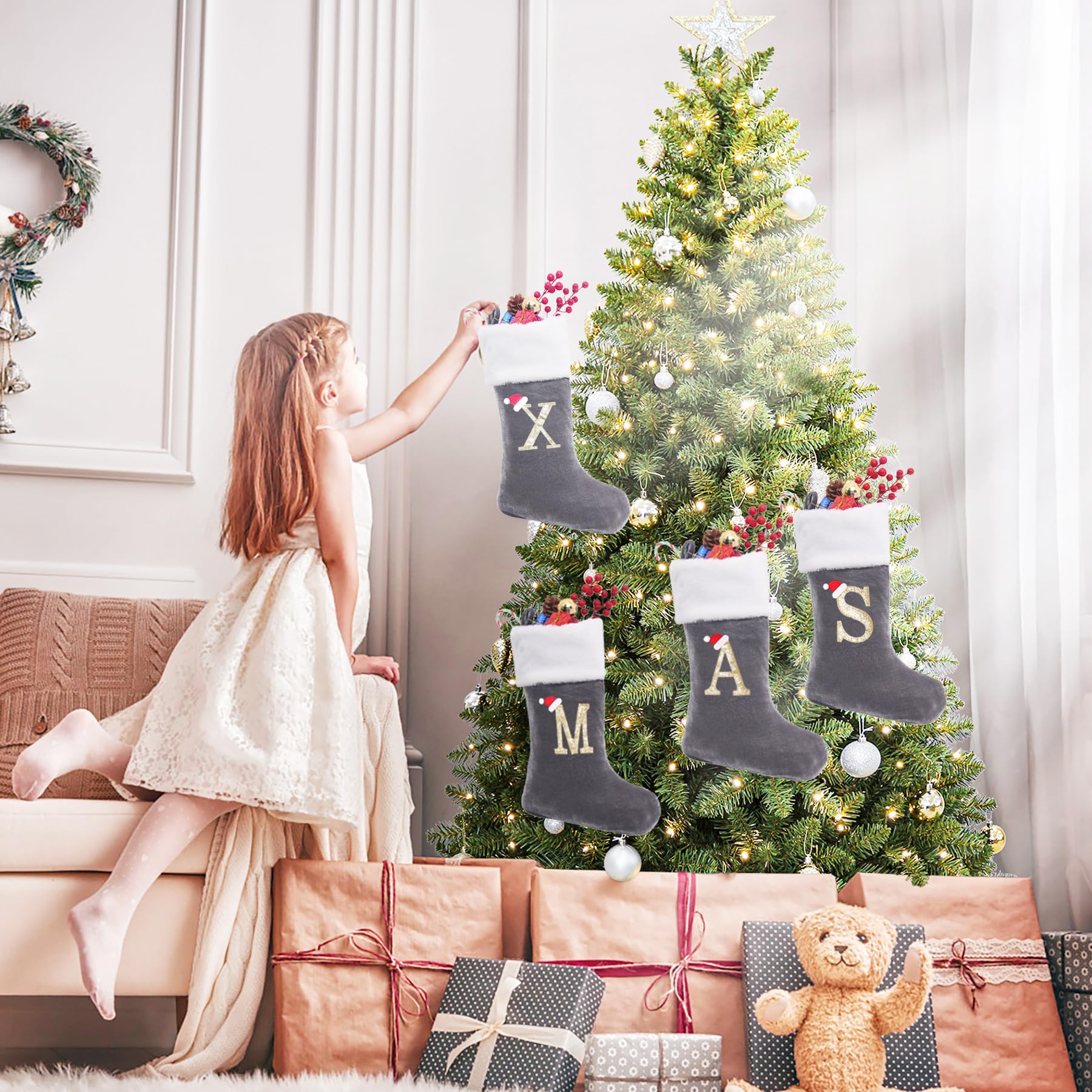 20 Inches Monogram Christmas Stockings with Letters, Large Super Soft Christmas Stockings Grey Velvet with White Super Soft Plush Cuff for Christmas Xmas Tree Holiday Fireplace Grey