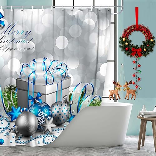 Miniatura 2 de DYNH Cortina de ducha navideña, feliz Navidad, bola y caja de Navidad plateada y azul para cortinas de baño de Año Nuevo, cortina de ducha de tela,