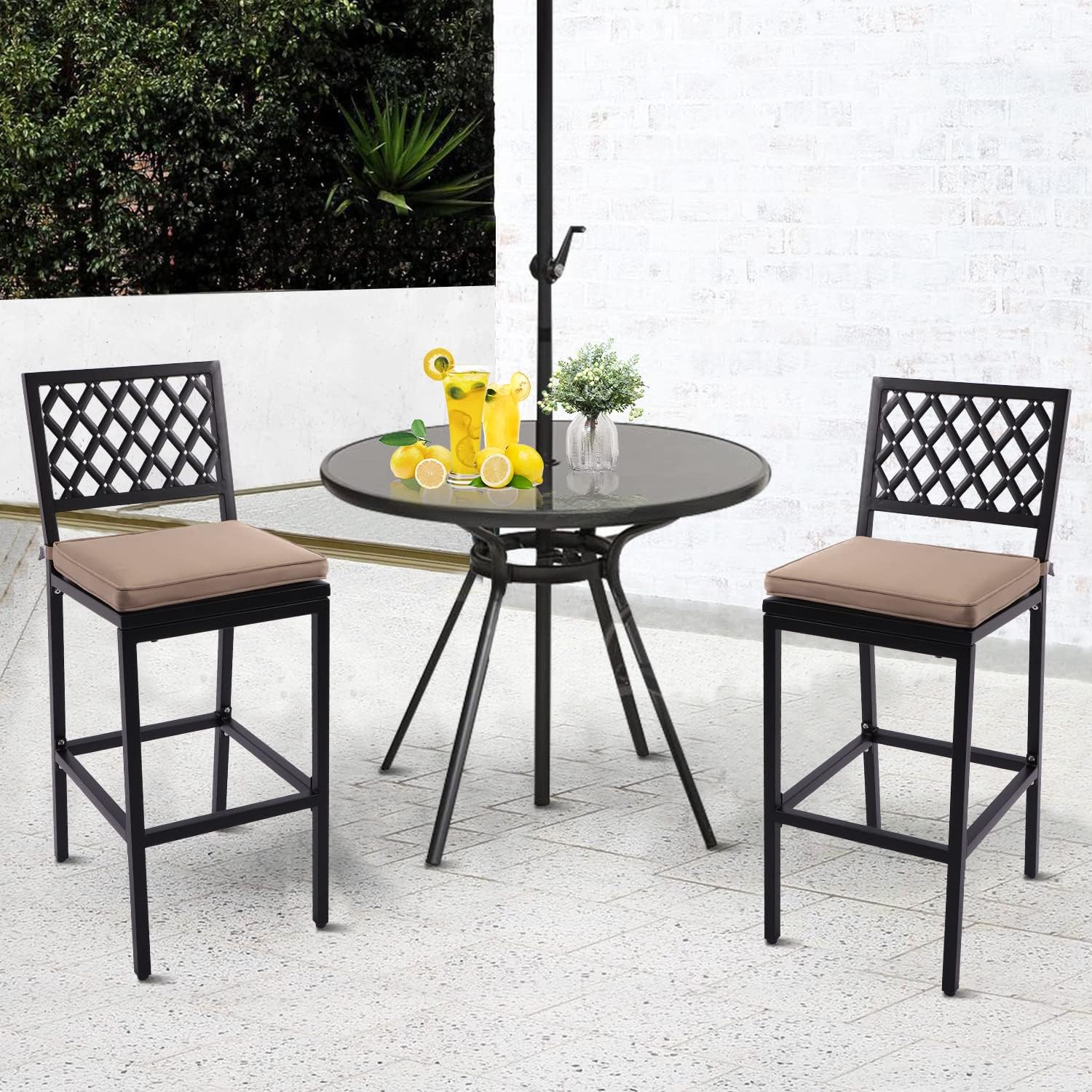 Metal Dining Bar Stools, Outdoor Bar Height Stool, Indoor Outdoor Stools with High Back & Cushions, Black Matte Finish, 29" Barstools for Patio, Bistro