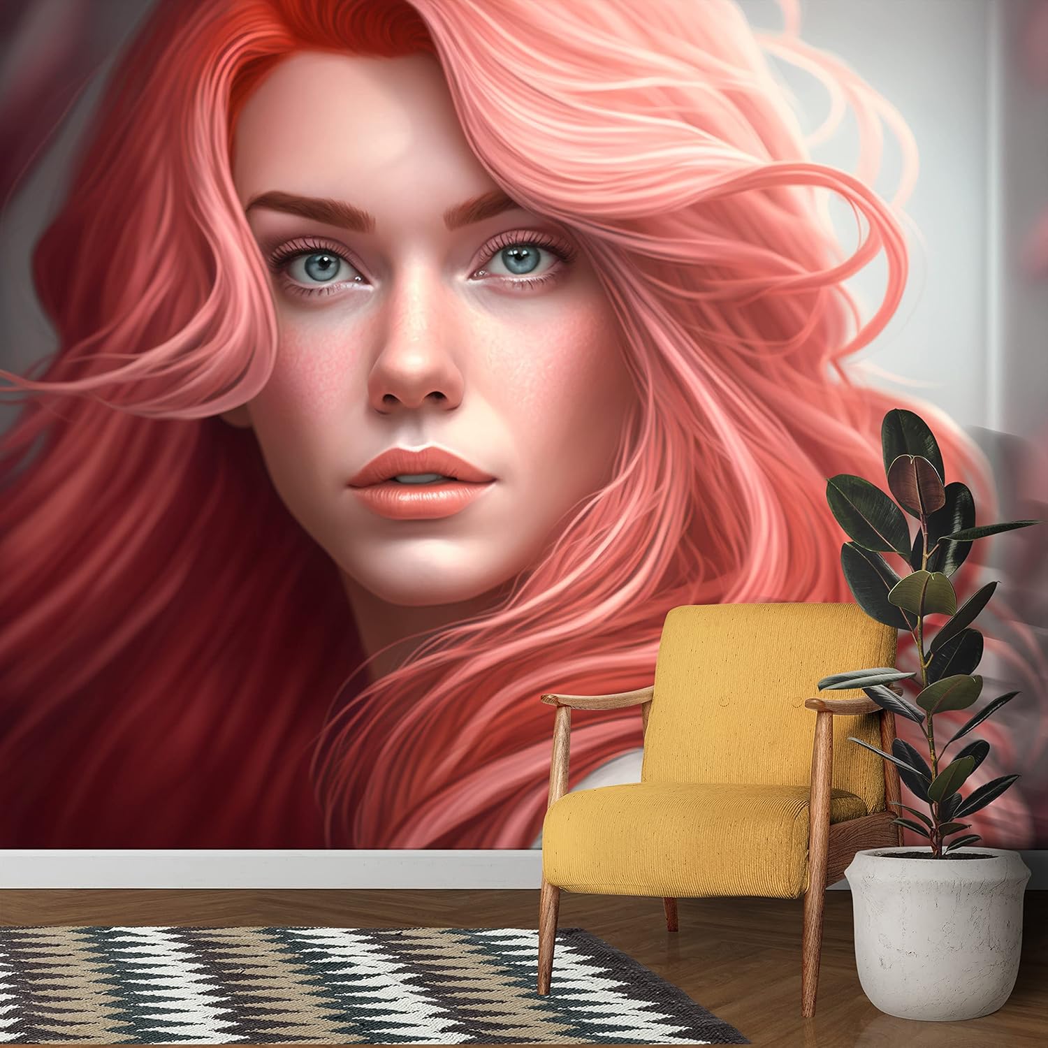 Long Pink Hair Women Hairdresser Wall Mural Wallpaper - Beauty Salon Decor and Makeup Studio Decal - Vinyl Wall Art Stickers- Peel and Stick Poster (Peel and Stick, 79''Wx79''H)
