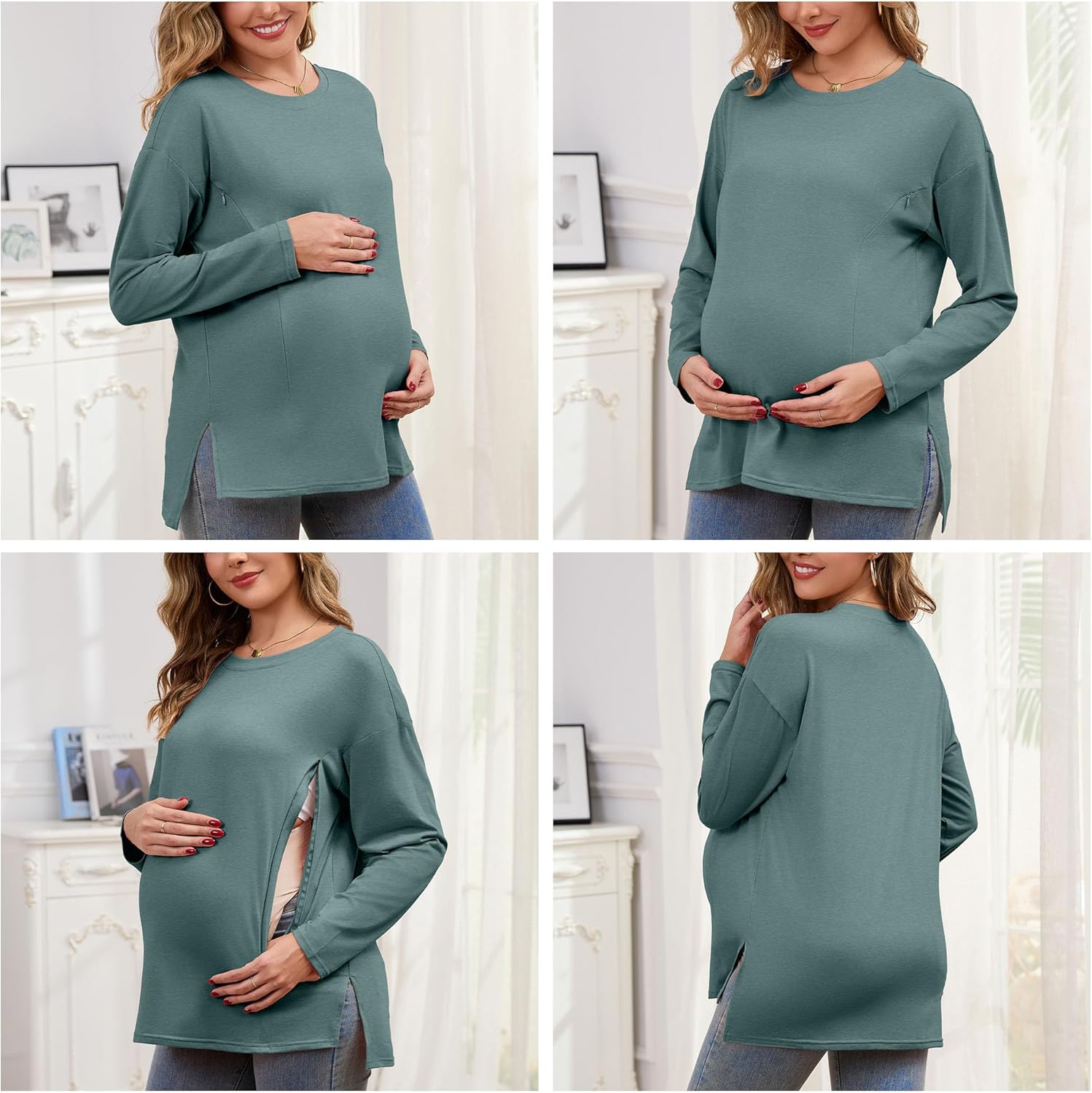 Women's Nursing Shirts Long Sleeve with Hidden Zipper Oversized Breastfeeding Tops Side Split Maternity Blouse - Image 4