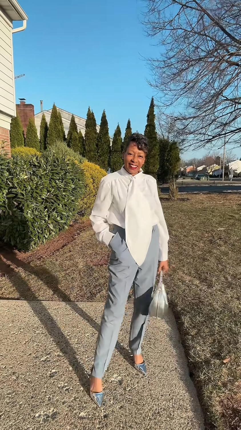 UOOZEE Women's Long Sleeve Button Down Tie Neck Blouse Dressy Casual Formal Office Work Shirt Tops - Image 2