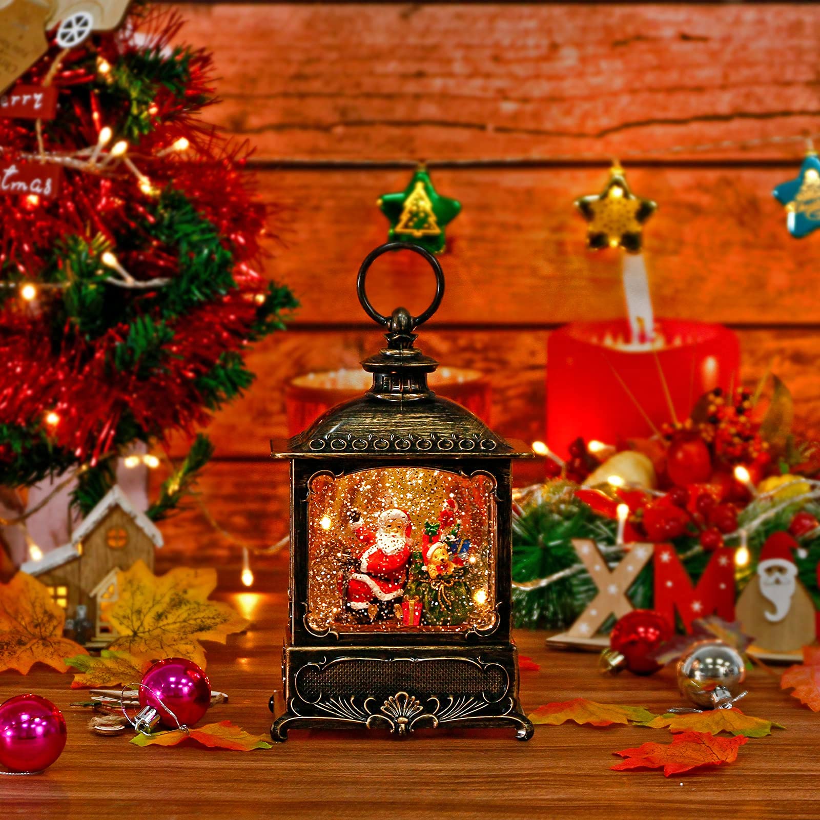 Boule à Neige De Noël Avec Minuterie, Décoration Père Noël, Lanterne LED Avec Paillettes, Excellente Décoration De La Maison