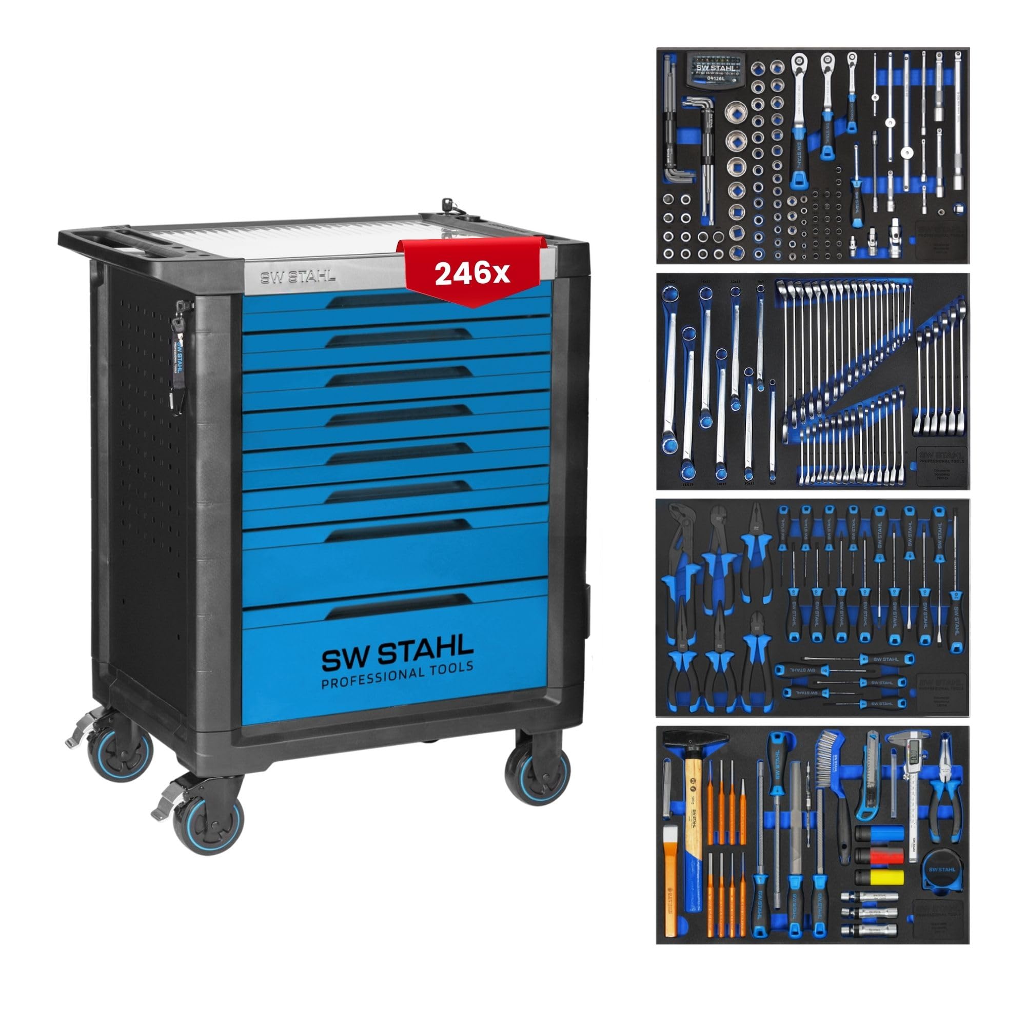 SW-Stahl TT801 Carrello Officina Attrezzato, 246 Pezzi, 8 Cassetti, Blu