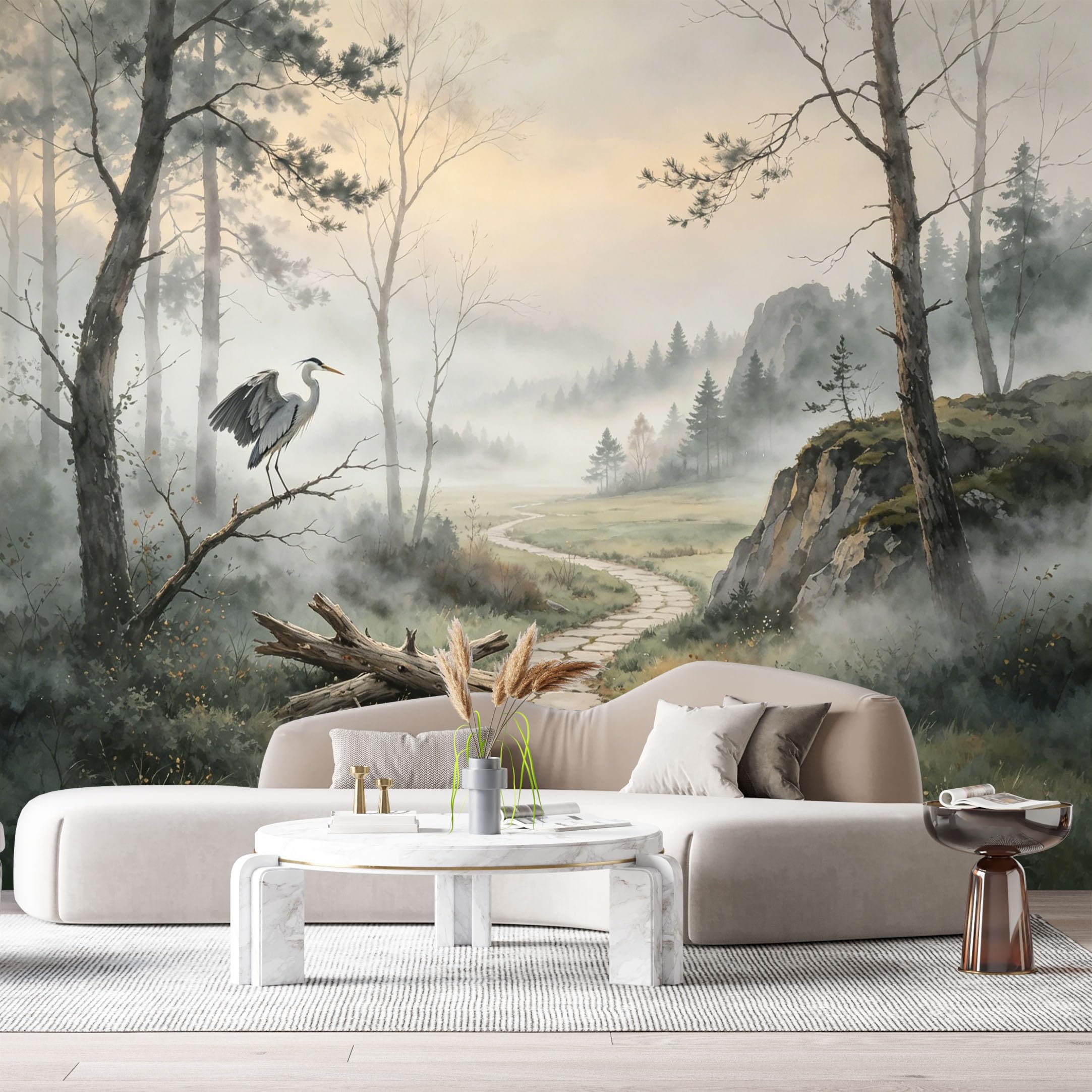 Custom Size Wall Murals Misty Forest Landscape Watercolor Heron Stone Path SelfAdhesive Wall Fabric Removable Large Wallpaper for Photo Living Room Interior Decor Wall Art