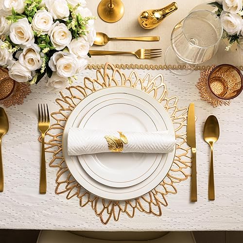 Miniatura 2 de Juego de 12 manteles individuales dorados chapados en oro de Navidad, manteles individuales redondos de flores, juegos de posavasos de vinilo dorado