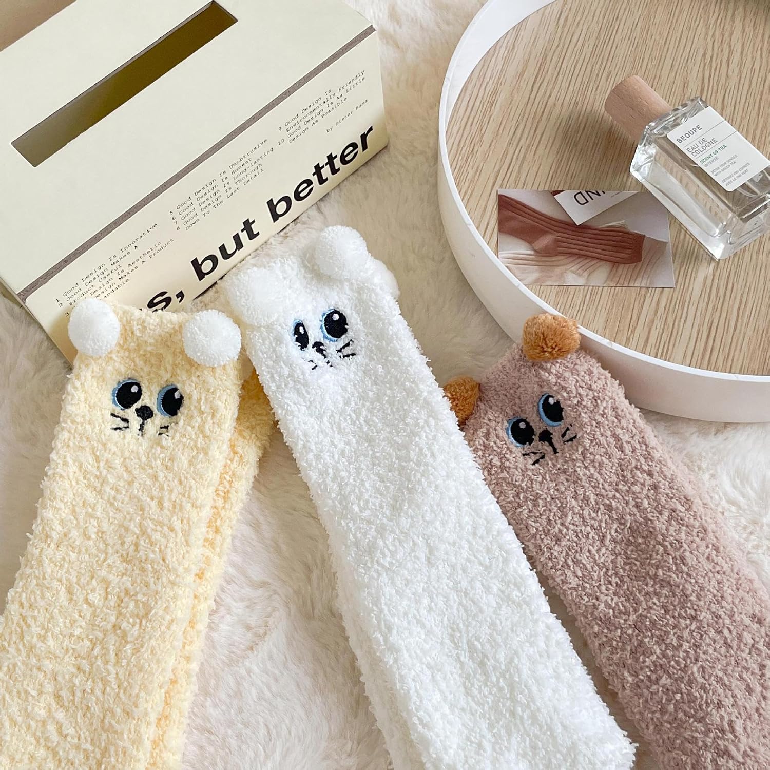 Womens Cute Animal Fuzzy Cozy Socks Girls Winter Fluffy Warm Slipper Socks Unisex Soft Home Sleeping Socks Kitten 6 Pairs One Size