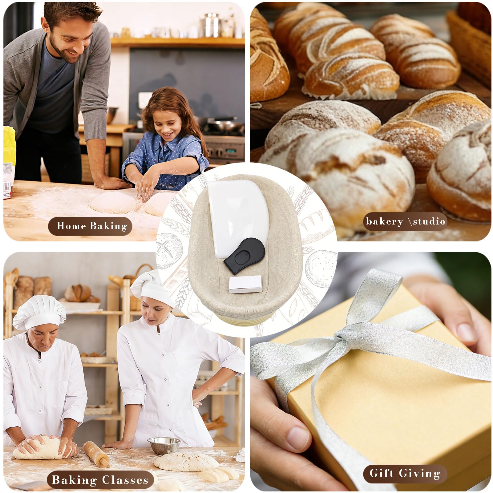 Cestino Lievitazione Pane Ovale 25cm con Taglierino per Pane,Tela di Lino,Cesto Lievitazione per Impasto,Pizza,Banneton Ovale per Panettieri Artigianali e Professionisti