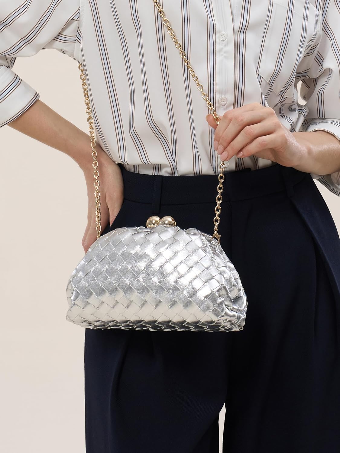 CHUNLI Dressy Woven Clutch Purses for Women Evening Wedding Formal Occasion,Dumpling Crossbody Shoulder Handbags for Women - Image 3