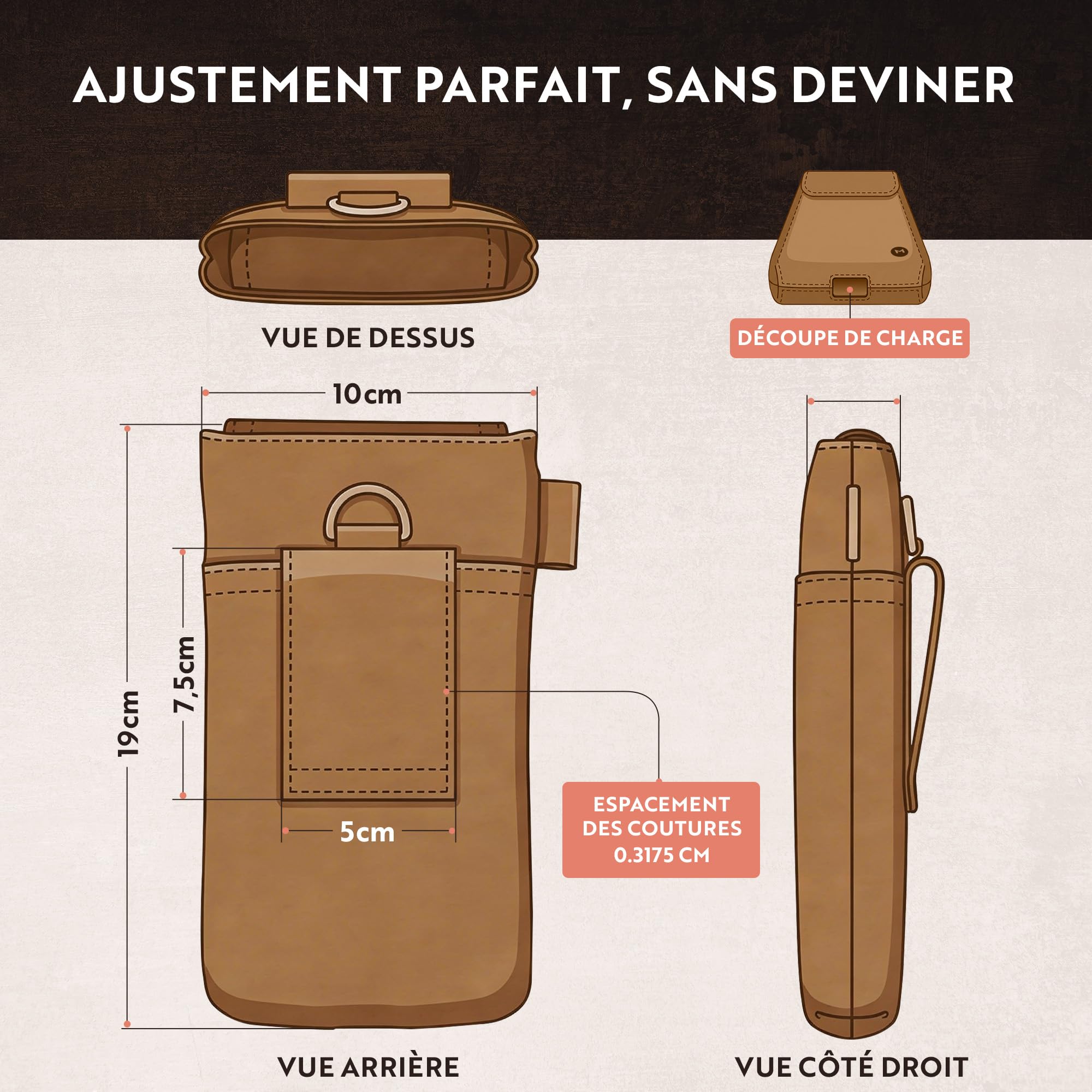 Moonster - Pochette Ceinture Téléphone Portable - Étui Téléphone en Cuir de Buffle Pleine Fleur Véritable – 18 x 9 cm - pour Smartphones de Grande Taille - Fixation Solide et Durable