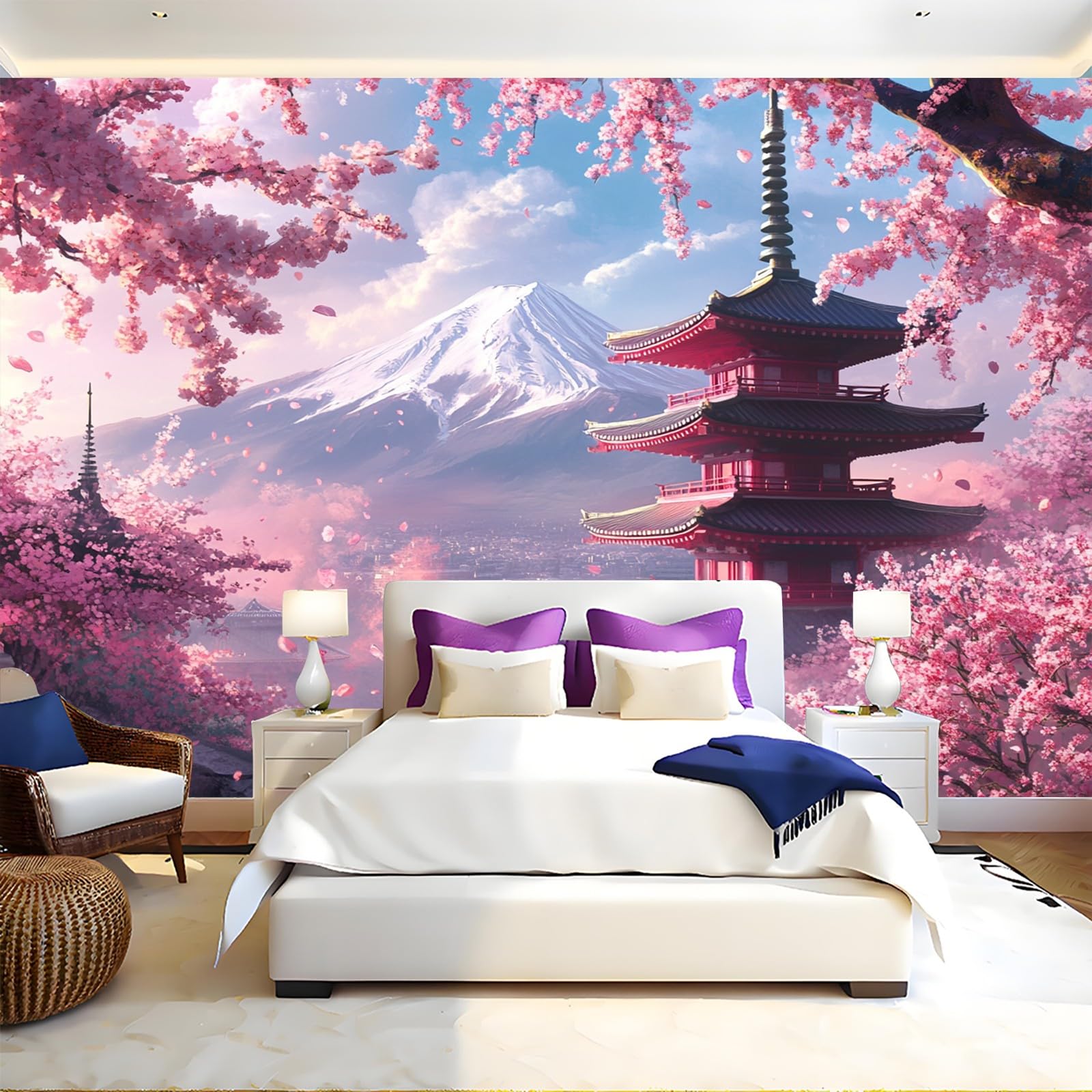 Fototapete Japanischer Kirschblütenturm 3D Effekt Vliestapete 350 x 256 cm Rosa Wandtapete Wandbild für Wohnzimmer Schlafzimmer TV Hintergrund