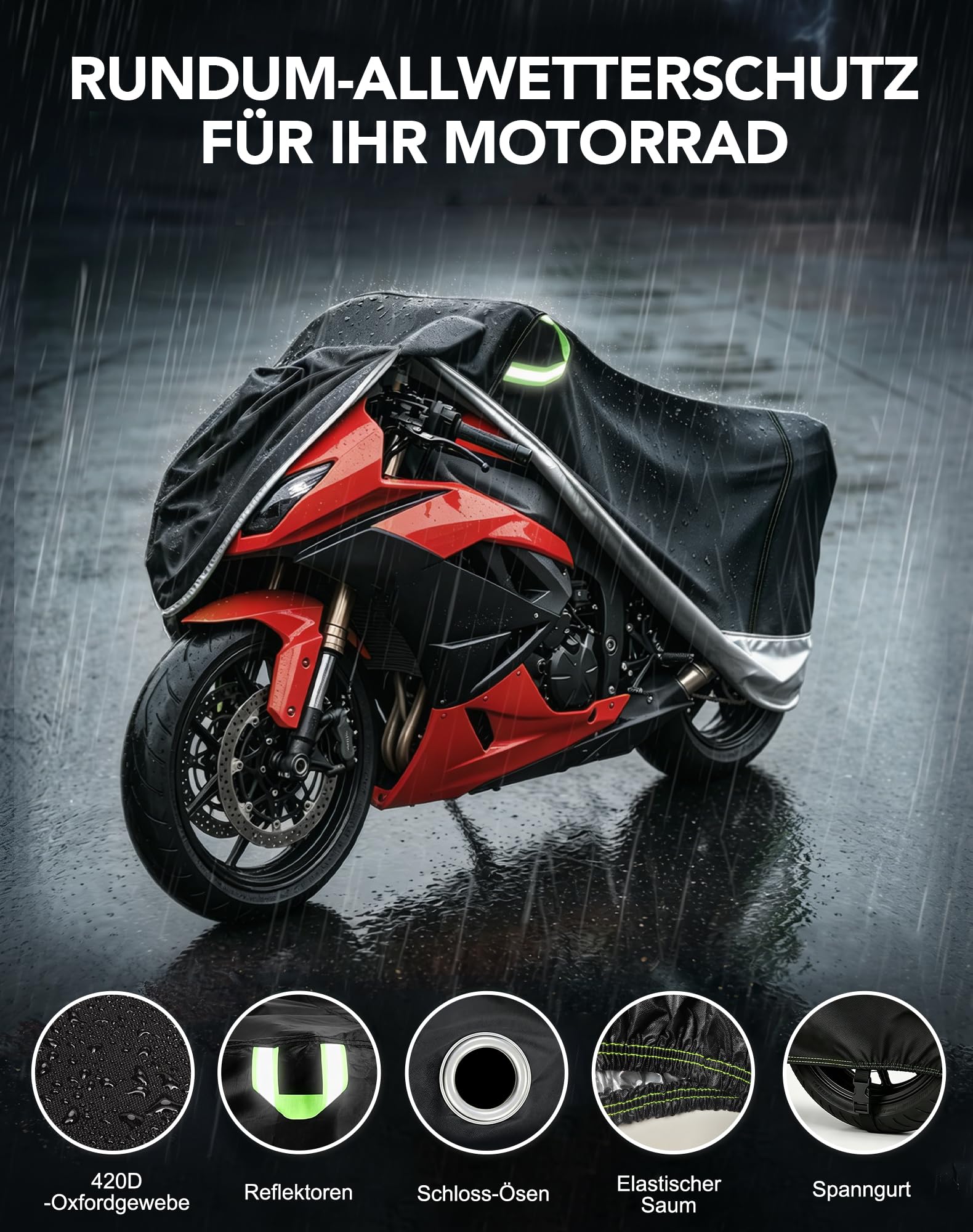 Homoto Premium Motorrad Abdeckplane 420D Oxford - Wasserdicht, Extrem Reißfest & UV-Beständig, Outdoor & Indoor Allwetterschutz für Alle Gängigen Motorräder (245)
