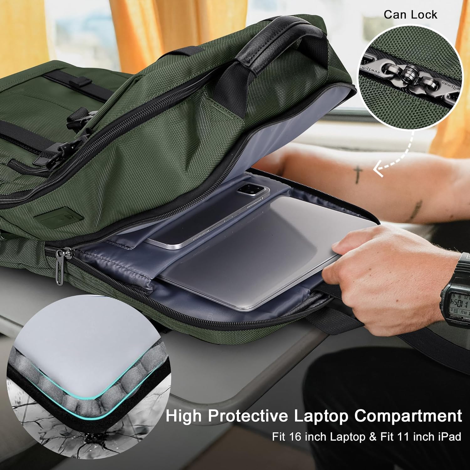 WITZMAN Travel Laptop Backpack for Men Fit 16 inch Computer Carry-on Airline Approved with USB Charging Port(B716 Army Green)