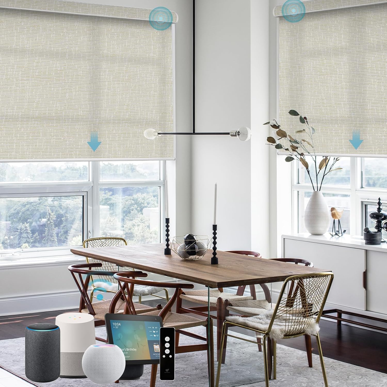SmartWings 70% Light Filtering Motorized Roller Shades Work with Zigbee Homekit Matter Thread Z-Wave Alexa, Automatic Smart Window Blinds Privacy Cordless with Remote Control, Customized Safari Cream