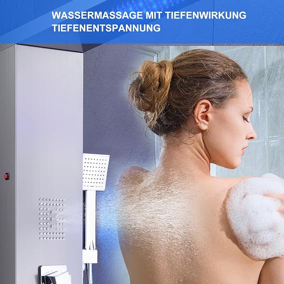 Shower Panel LED 5-in-1 Brushed Stainless Steel with Tap 5 Duschmodi blau LED hochwertiger gebürsteter Edelstahl Messingventil Mindestwasserdruck 15 bar einfache Wandmontage