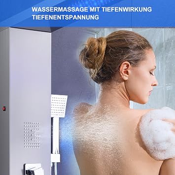 Shower Panel LED 5-in-1 Brushed Stainless Steel with Tap 5 Duschmodi blau LED hochwertiger gebürsteter Edelstahl Messingventil Mindestwasserdruck 15 bar einfache Wandmontage
