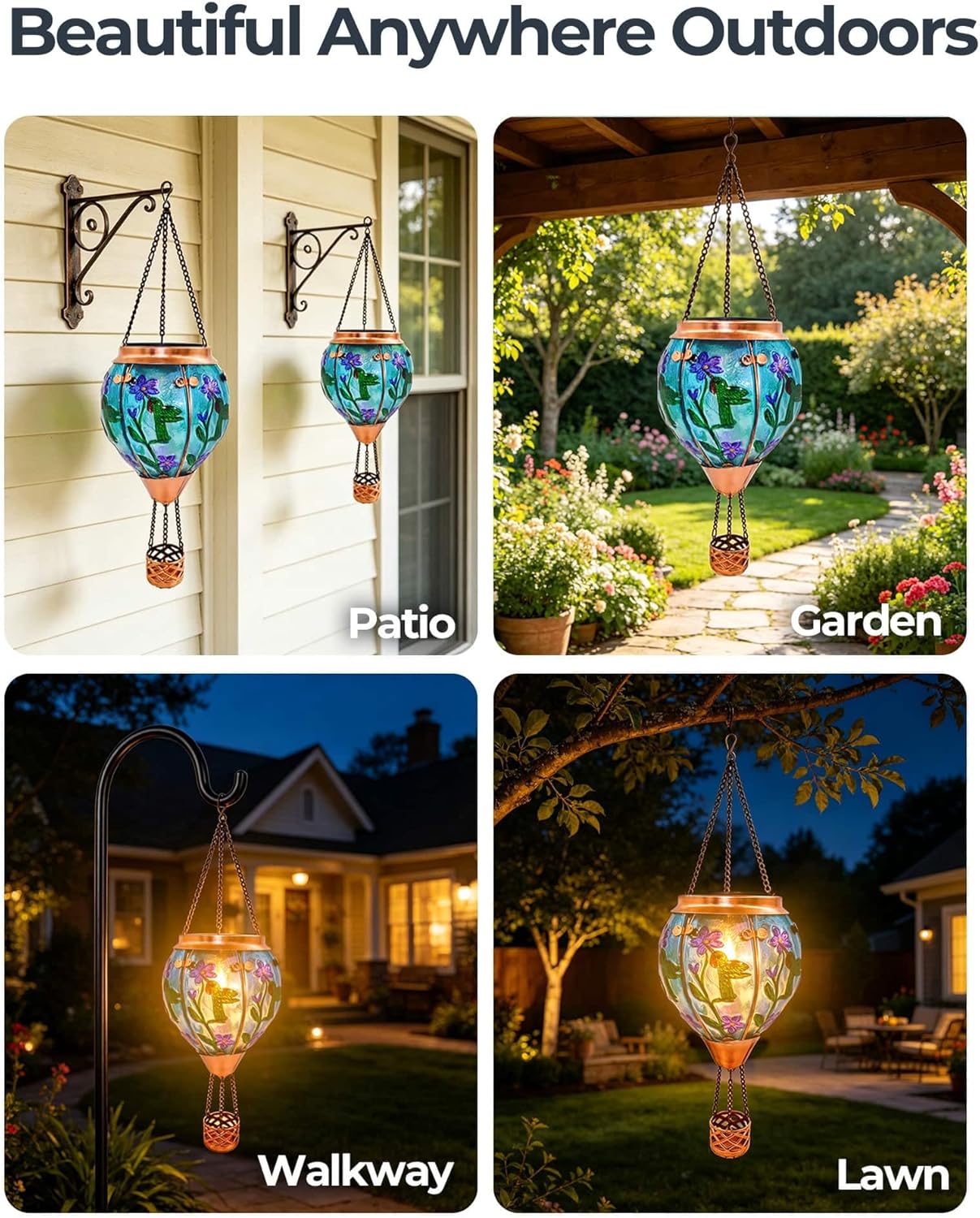 Hot Air Balloon Solar Lantern with Flame, Glass Solar Hanging Lanterns Outdoor Waterproof for Outdoor Garden Decor Yard Patio Tree, Mother's Day Gift (Purple Violet Hummingbird)