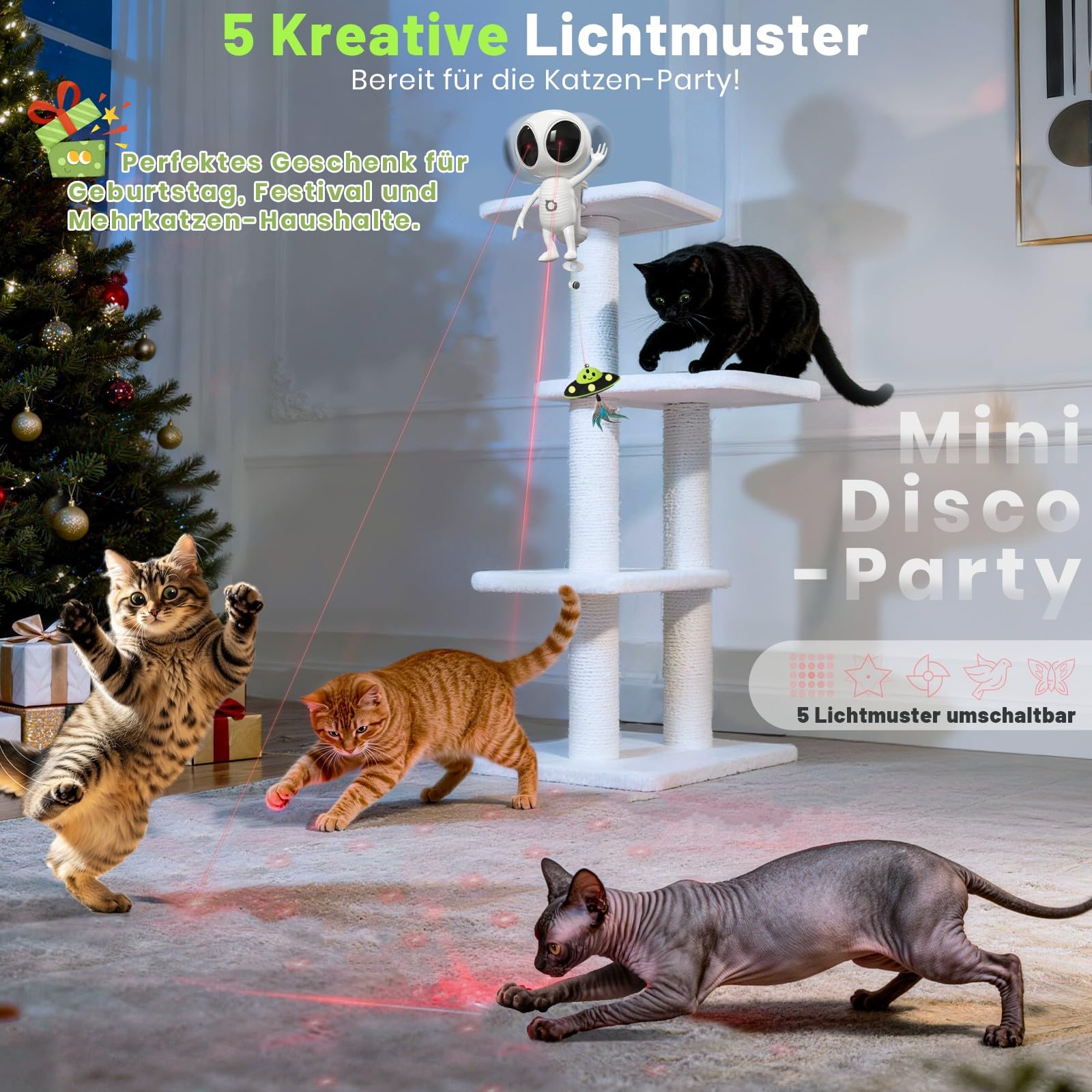 GoldenSun Interaktives Katzenspielzeug, 2-in-1 Automatisch mit Dual-Projektion & Katzenminze-UFO-Anhänger für Wohnungskatzen, Bewegungsaktiviert, Wiederaufladbar, 4 Spielmodi, Klemmbefestigung, Weiß