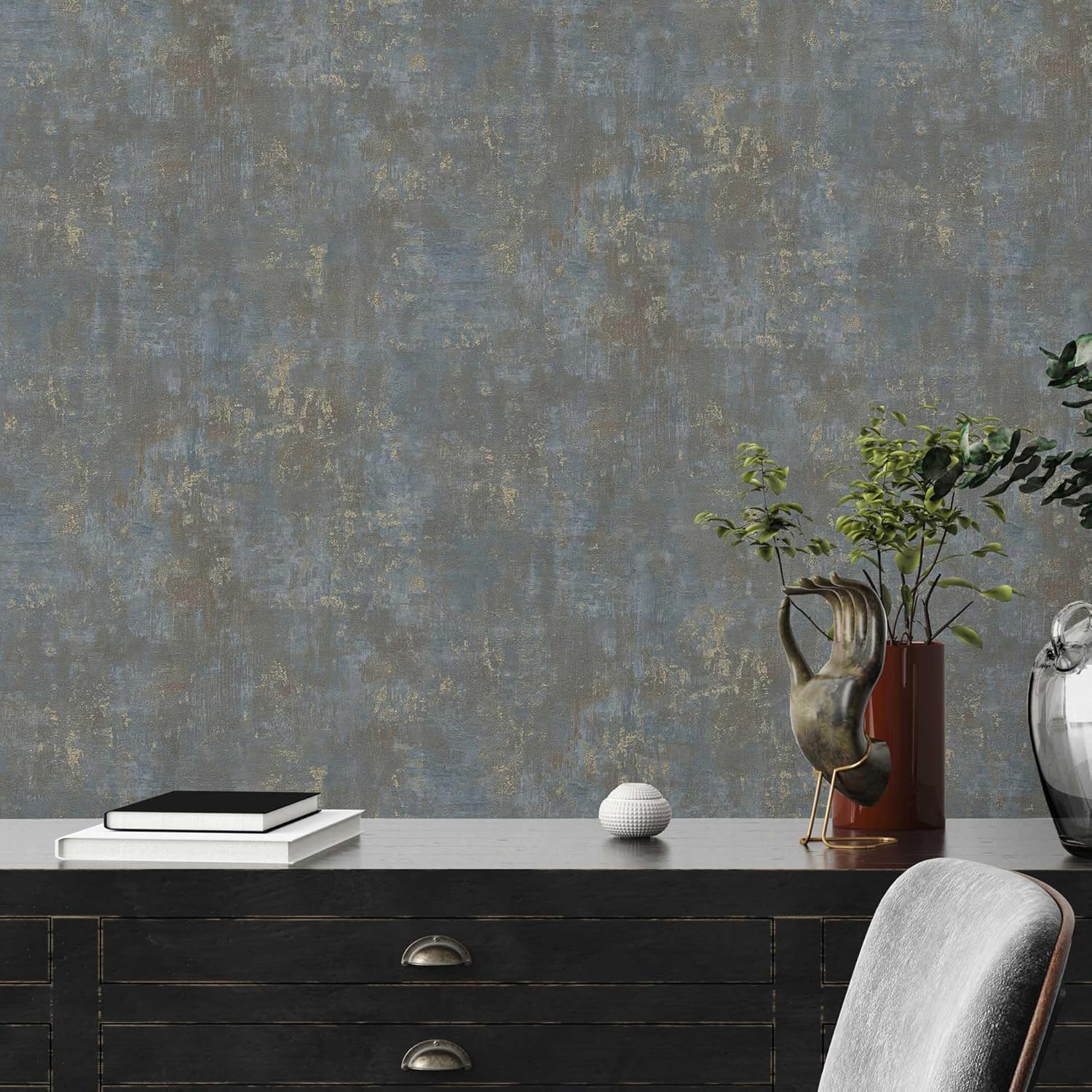 Livingwalls 396701 Industrial Wallpaper Concrete in Brown, Blue with Metallic Effect in Gold - Wall Wallpaper Plaster Look 10.05 m x 0.53 m - Made in Germany