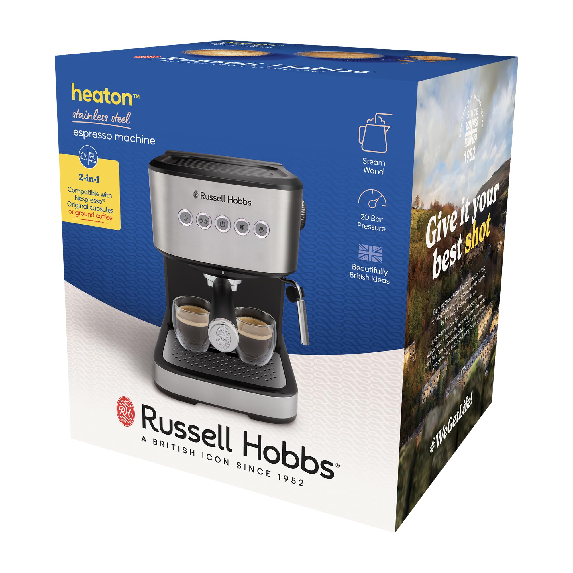 Russell Hobbs Heaton 28700-56 ekspres do kawy [zmielona i kapsułka] Heaton (pojedyncze i podwójne shot, dysza parowa, ciśnienie 15 i 20 barów, zbiornik na wodę 1,5 l, podgrzewacz do filiżanek, akcenty