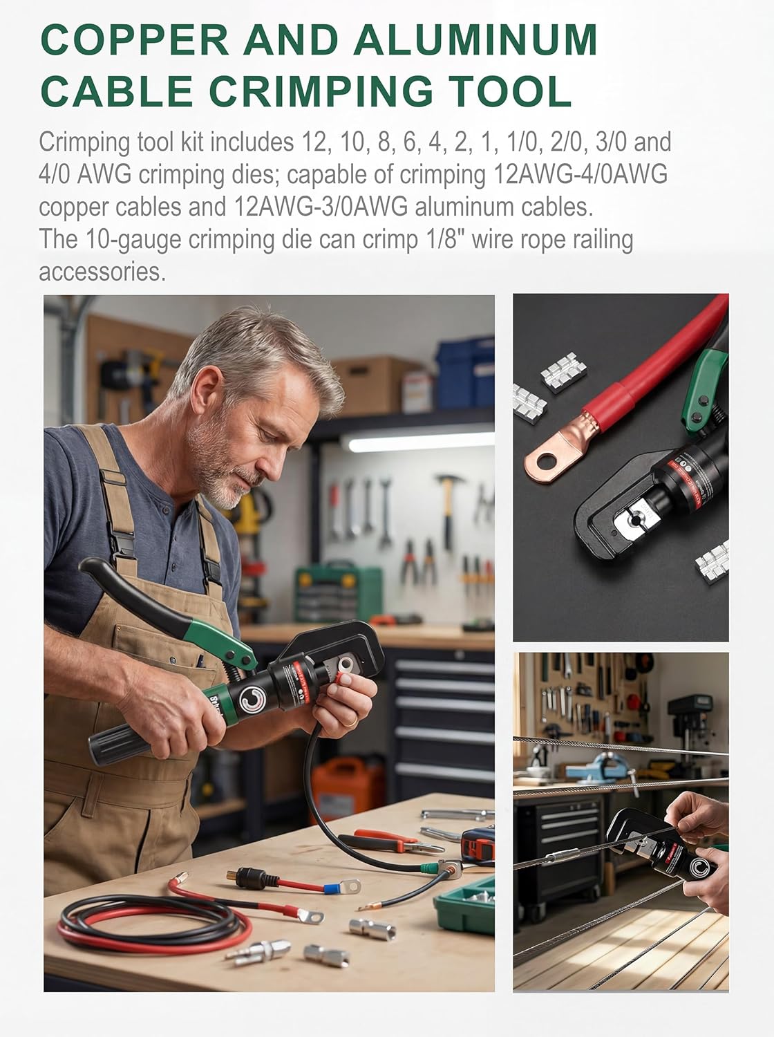 Hydraulic Cable Crimping Tool, Battery Cable Terminal Crimper 12 AWG–4/0 AWG, US Standard AWG Dies, 10-Ton Hydraulic Copper Cable Lugs Crimper for US Standard Cable 12 ga-4/0 ga