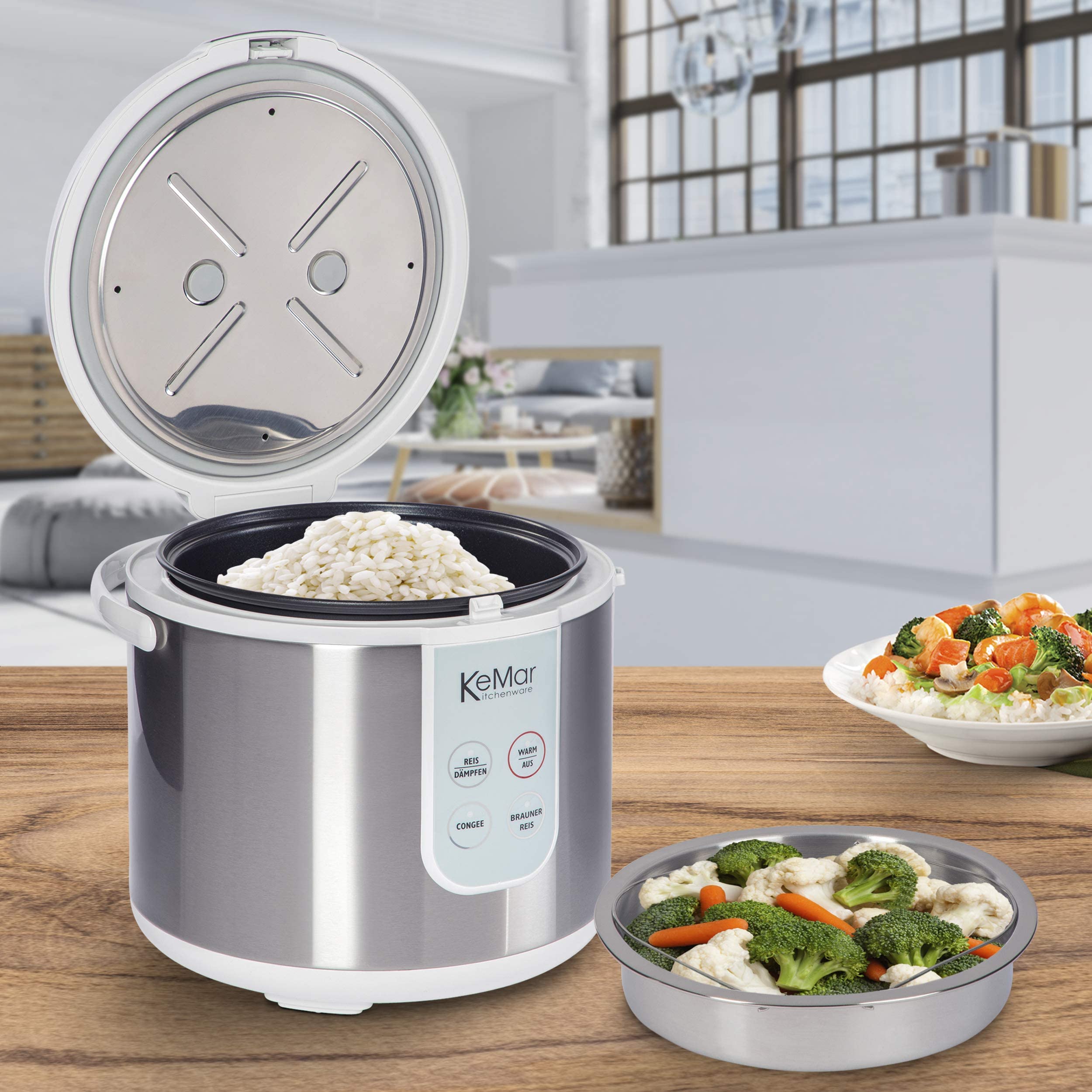 KeMar Reiskocher +GRATIS Essstäbchen (700W, 1,8l, Edelstahl) Brauner Reis, Naturreis - Keramik Beschichtung - Edelstahl Dämpfer, dampfgaren Gemüse und Fisch, Warmhaltefunktion, 4 Programme, KRC-130