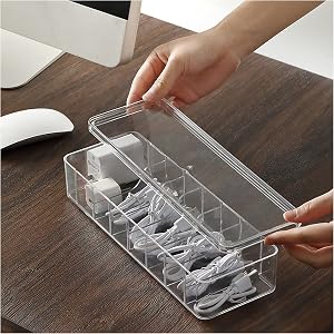 Clear Data Cable Management Box with 8 Compartments and Cover,Transparent Plastic Power Cord USB Charger Sorter Container,Electronic Accessories Small Objects Organizer Storage Case for Desktop Drawer