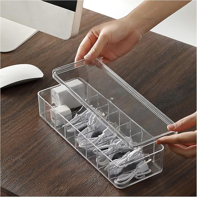 Boîte de gestion de câble de données claire avec 8 Compartiments et couverture,Cord d'alimentation en plastique transparent USB Conteneur chargeur,Accessoires électroniques Petits objets Housse de rangement pour tiroir de bureau