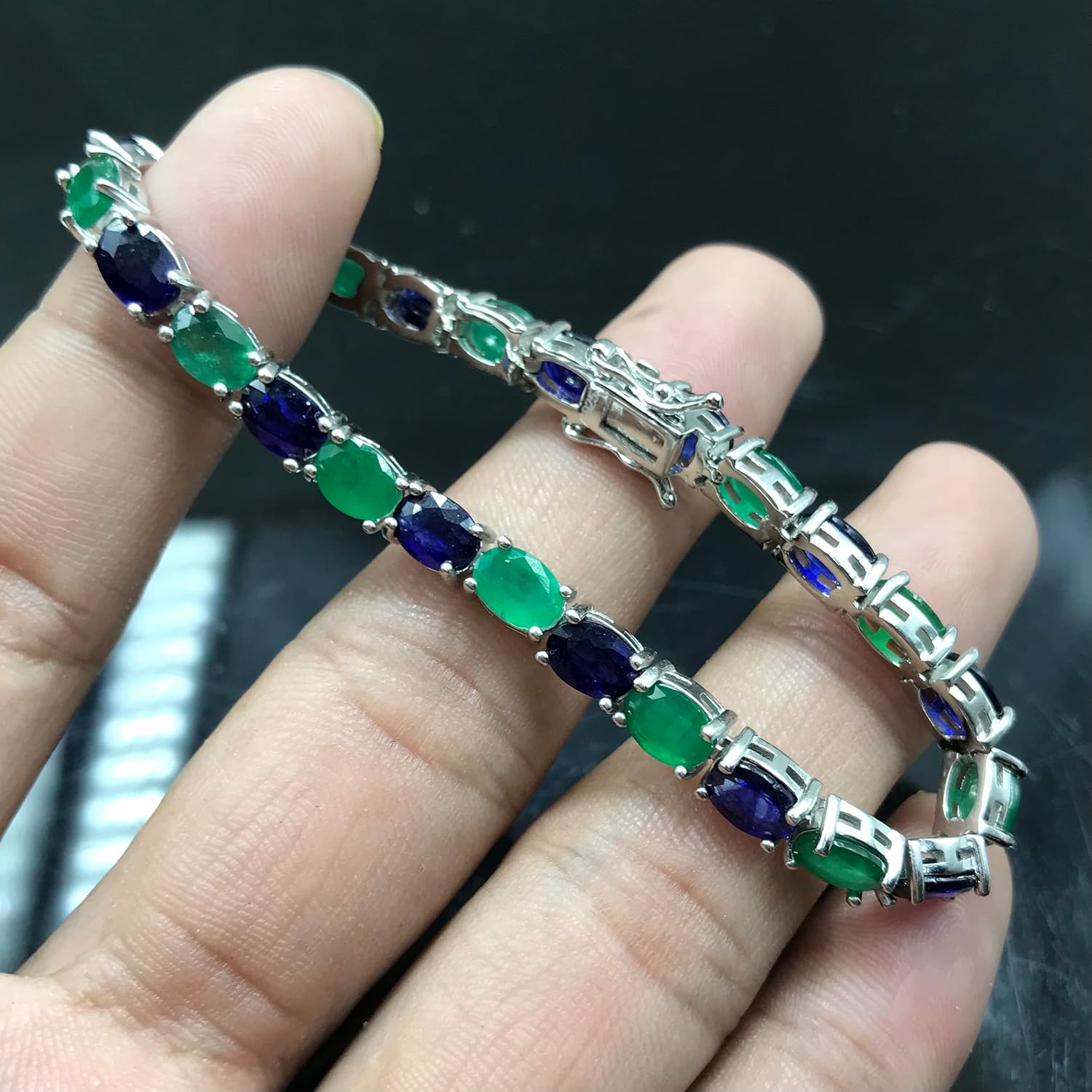 Natural Blue Sapphire & Zambian Emerald Tennis Bracelet 925 Sterling Silver September Birthstone Women Jewelry Wedding Gift For Bridal (BR-8195)
