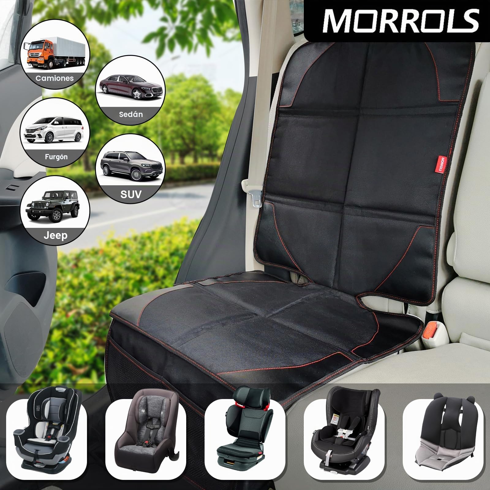 MORROLS Protector de Asiento de Coche para niños, 1 Paquete de Protectores de Asiento de Cuero Impermeables con Fondo Antideslizante, Bolsillos Grandes de Malla de Cuero y Tela, para SUV, sedán,