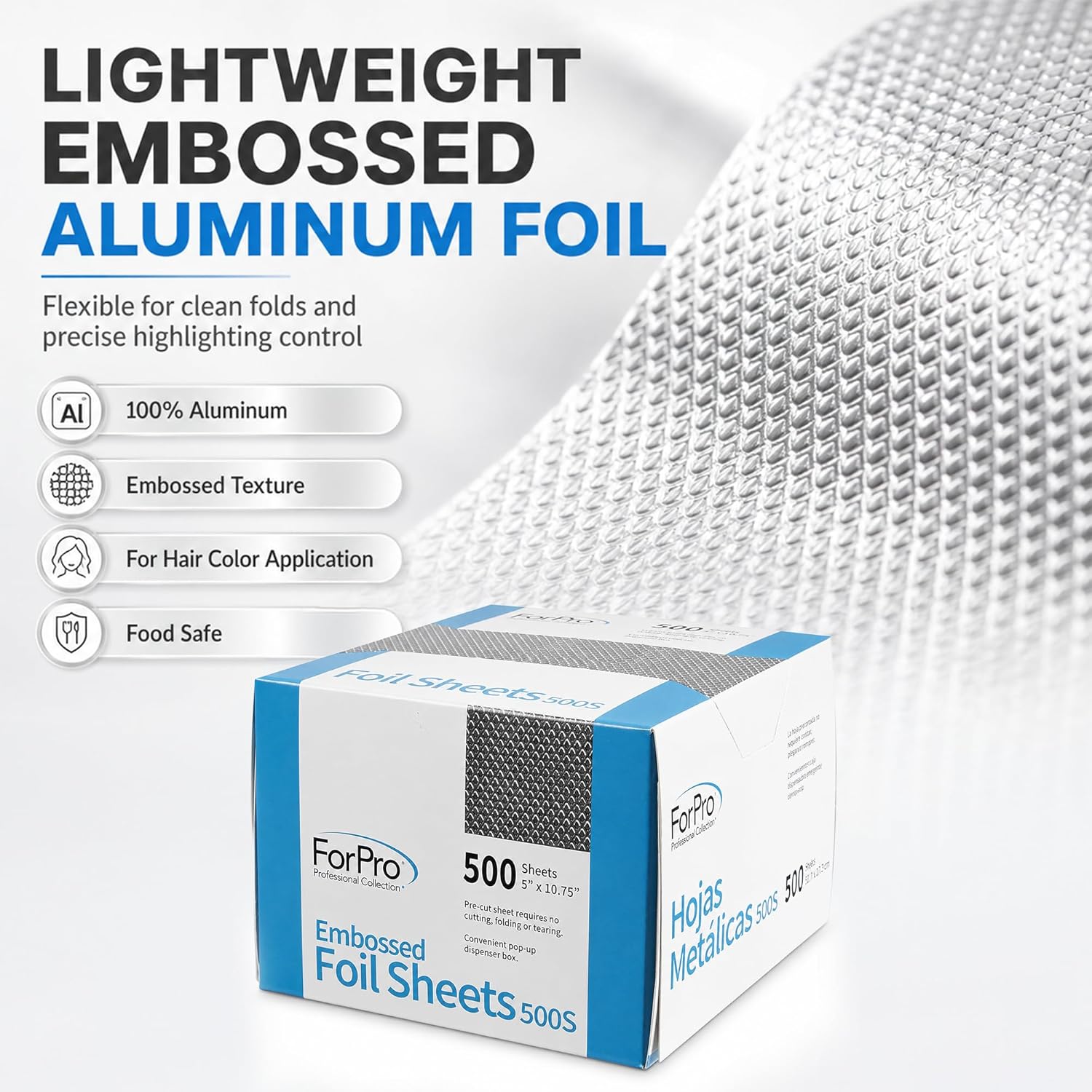 ForPro Professional Embossed Pop-Up Hair Foil Sheets for Salon Hair Color & Highlights, Pre-Cut Aluminum Foils, Non-Slip Embossed Texture, 5" W x 10.75" L, 500-Count