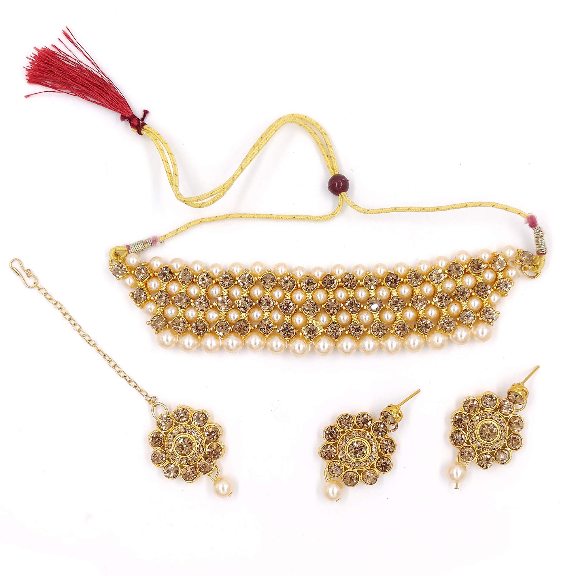 ZaffreCollections Collecitons Trendy Gold Crystal and Pearl Choker Combo with Maang Tikka for Women and Girls, Free Size (ZCCH0174) (B08M4FCLW9) Amazon Price History, Amazon Price Tracker