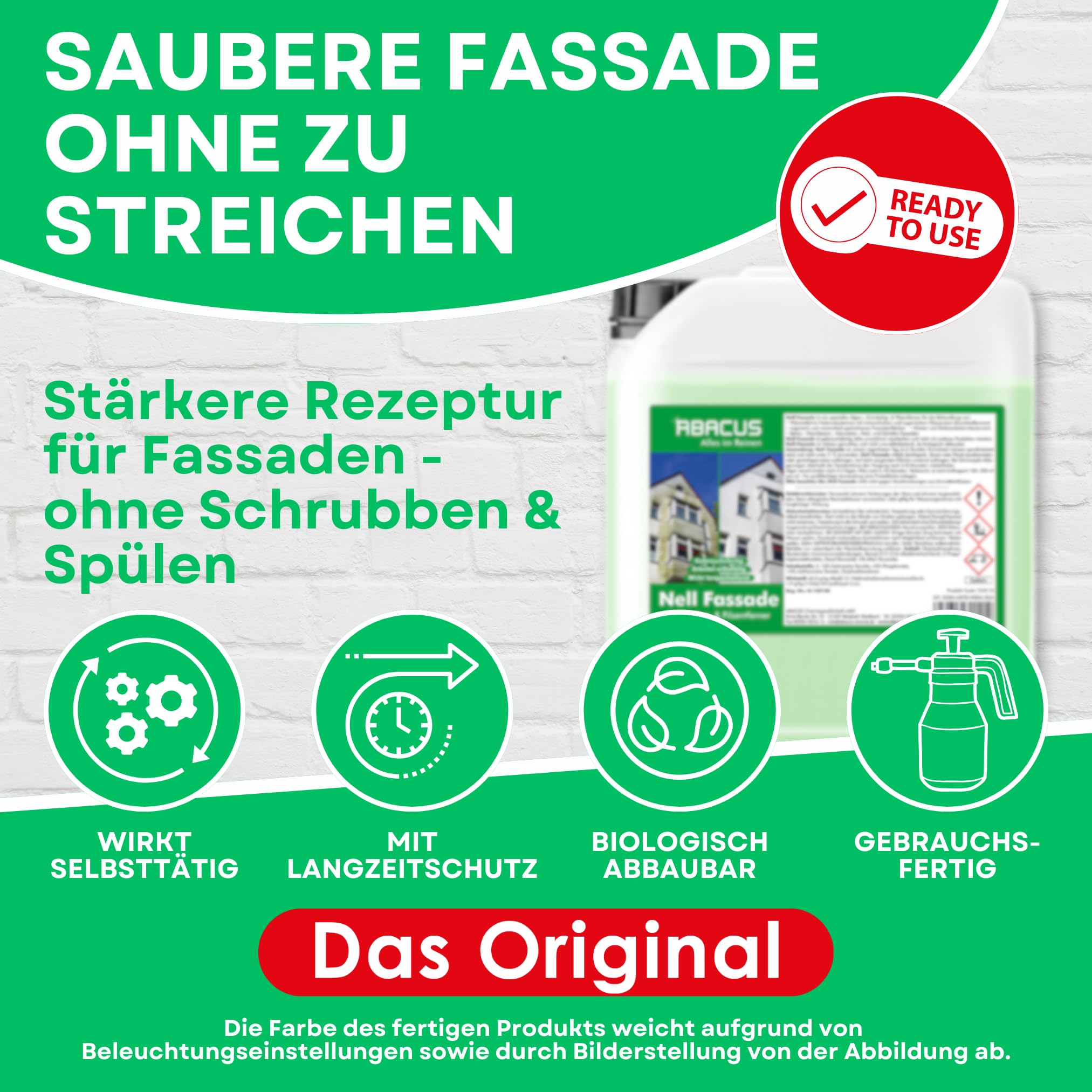 ABACUS® Fassadenreiniger, Grünbelagentferner für Fassaden, Putz & Hauswände – Entfernt selbsttätig Pilze, Flechten & Algen von Fassaden – Nur 0,1L pro m², Nell Fassade 5 Liter (1240.5)