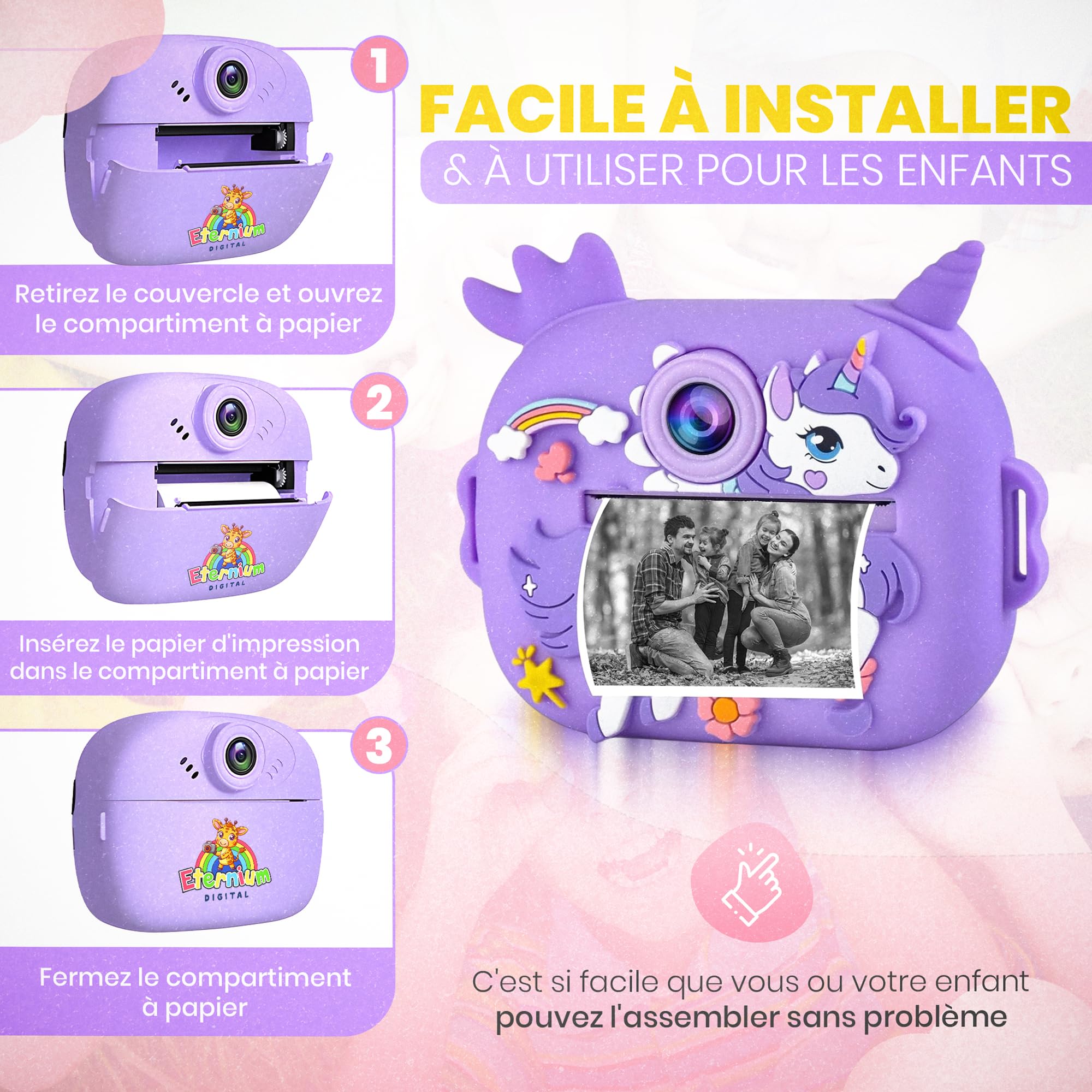 ETERNIUM Appareil Photo Instantané Enfant Licorne - Kit Créatif et Éducatif - Caméra Numérique 1080P Antichoc - 4 Rouleaux d'impression + Carte 32Go - Cadeau Noël Anniversaire Fille Garçon 3-12 Ans