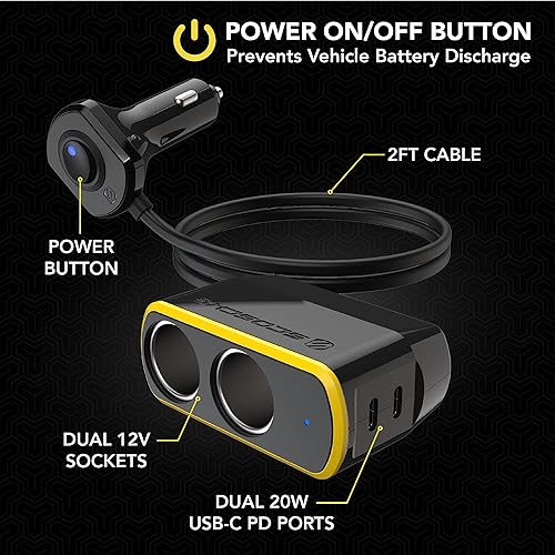 Miniatura 2 de Scosche DCLSPD402SW DoubleUp Adaptador dual de 12 V con cargador dual de entrega de energía USB-C de 20 W, agrega puertos de alimentación y puertos