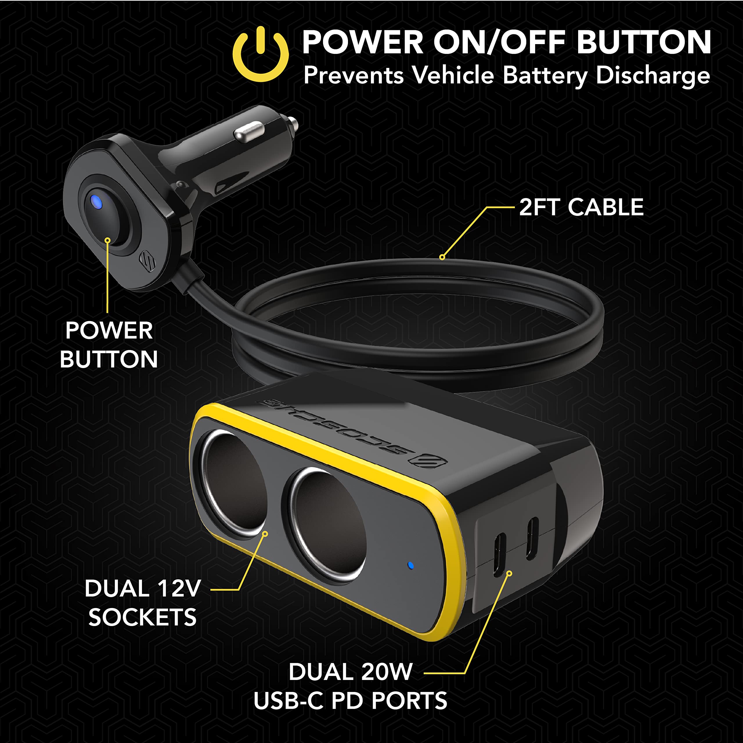 Amazon.com: Scosche DCLSPD402SW DoubleUp Dual 12V Adapter with Dual 20W  USB-C Power Delivery Charger, Add Power Ports and Double Cigarette Lighter  Ports, Fast Charging : Automotive