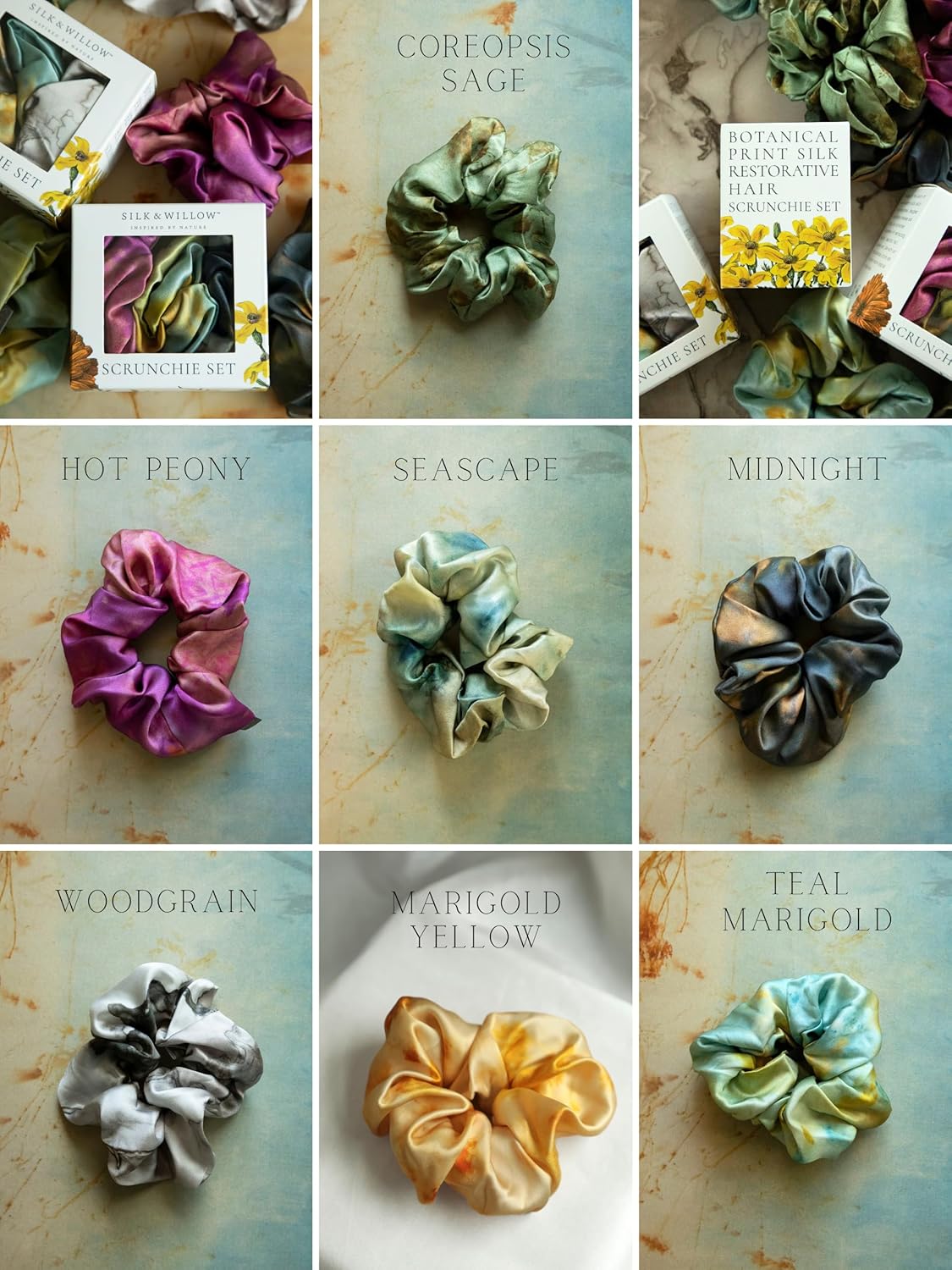 Silk & Willow RESTORATIVE SILK HAIR SCRUNCHIE SET (Midnight/Teal Marigold/Woodgrain)