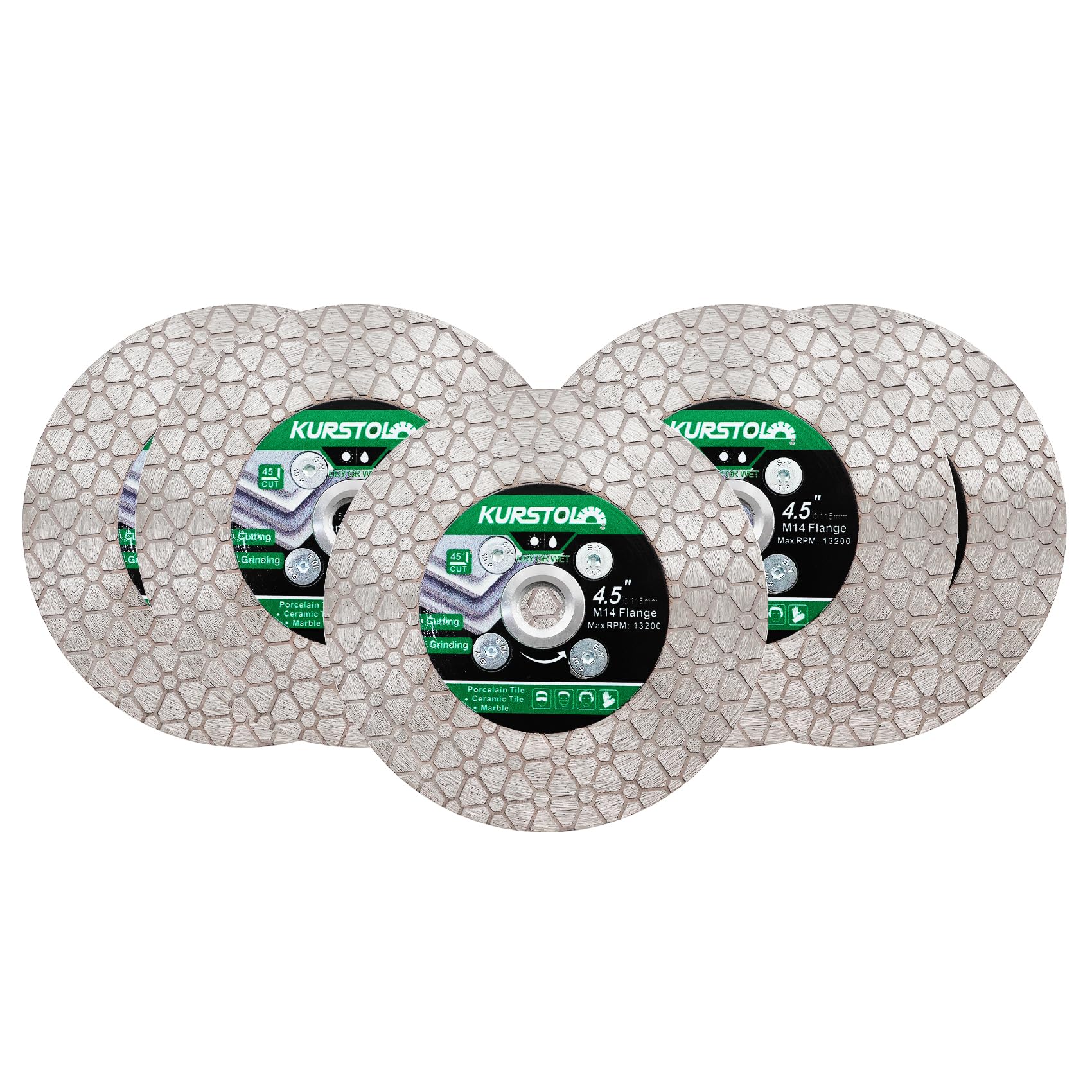 KURSTOL Diamond Cutting Disc - 5pcs 4.5"/115mm Dual-Purpose Tile Diamond Saw Blade,Angle Grinder Blade M14 Thread for Cutting and Grinding Ceramic Tiles,Porcelain,Granite,Marble