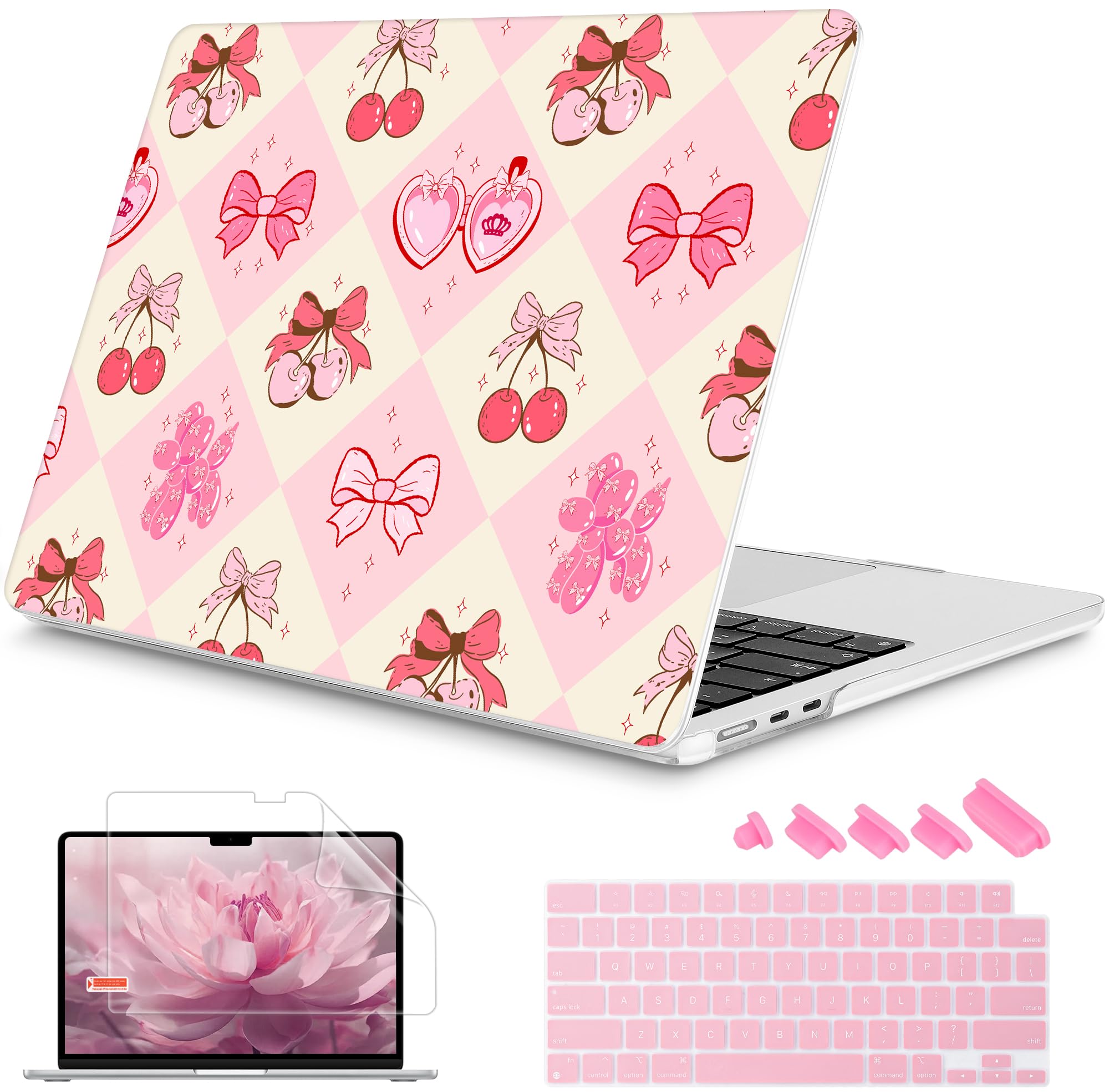 Mektron Case for 2026 MacBook Air 13-inch M5 Laptop A3449 with 13.6-inch Liquid Retina Display, 2025 2024 2022 M4/M3/M2 MacBook Air 13" Hard Shell Cover, Fit Model A3240 A3113 A2681, Cherry with Bows