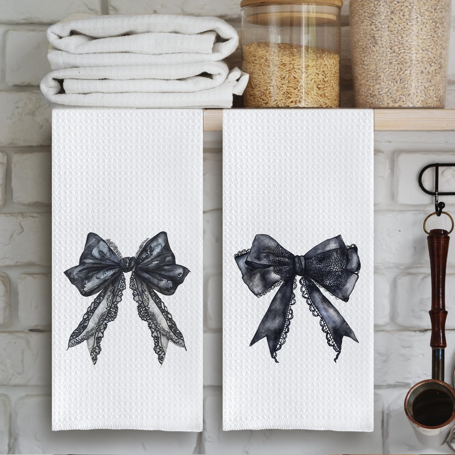 Black Bow Bathroom Decor,Black Bows Towels,Gothic Bathroom Decor,Lace Kitchen Dish Towels,16 X 24 Set of 2 - Image 3